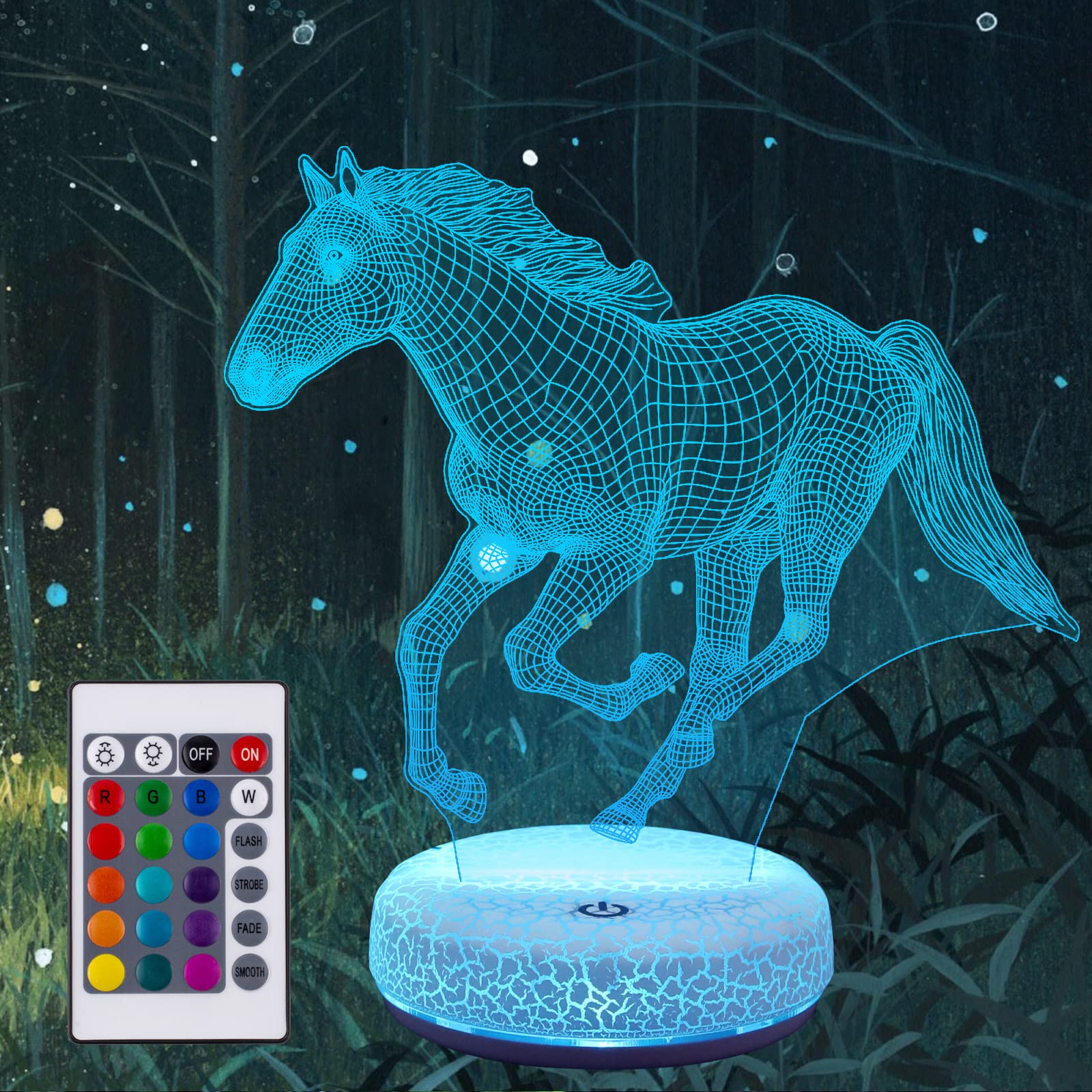 YKLWORLD 3D Illusion Horse Night Light - 16 Color Changing Rechargeable LED Lamp with Touch Sensor & Remote Control, Animal Night Light for Kids Room Decor, Perfect Birthday Gift for Boys & Girls | Bedroom, Nursery, Living Room Atmosphere Lighting