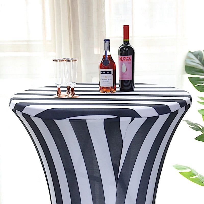Premium 32-Inch Cocktail Table Cover - Black & White Striped Fitted Spandex Tablecloth for Bar, Party & Home Decor
