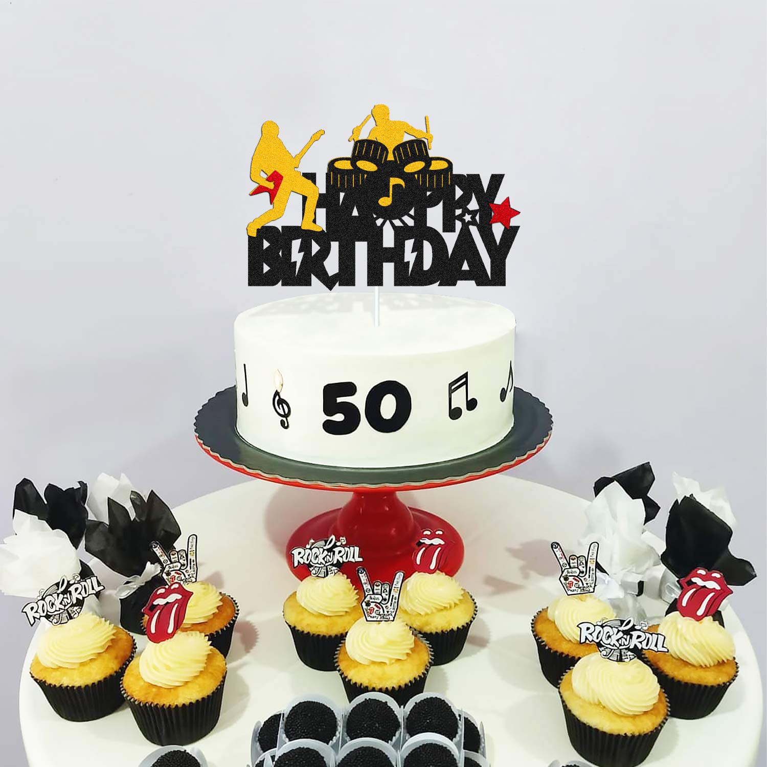 Rock and Roll Music Cake Topper - Happy Birthday Sign with Drums, Guitar & Musical Notes - Glitter Black Cake Decorations for Rock Themed Parties | Perfect for Musician Birthday Cakes & Rock n' Roll Celebrations
