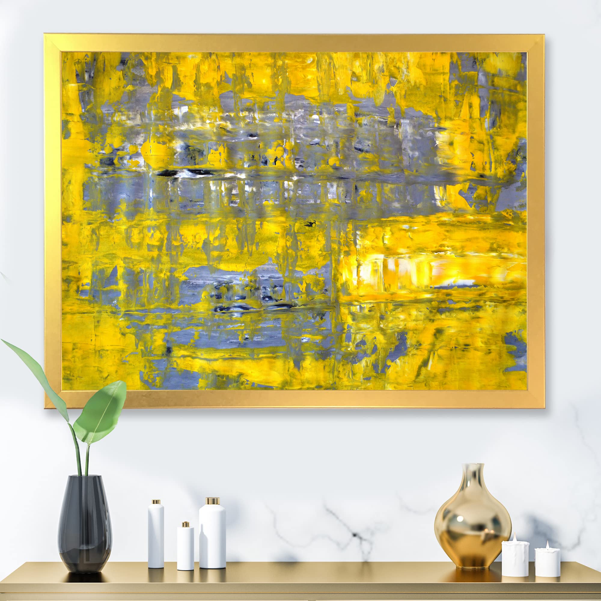 DesignQ Yellow Meets Grey Abstract Art Print - Modern Framed Wall Decor for Living Room, Bedroom & Office - Contemporary Home Artwork for Interior Design