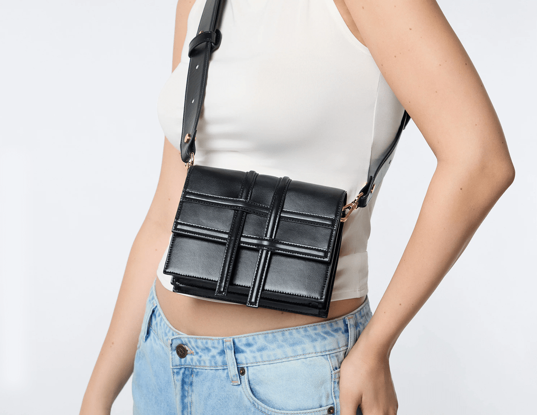 Voyager Vegan Italian Grape Leather Convertible Crossbody Bag for Women | Onyx Black | Eco-Friendly Fashion Accessory for Travel, Work & Everyday Use