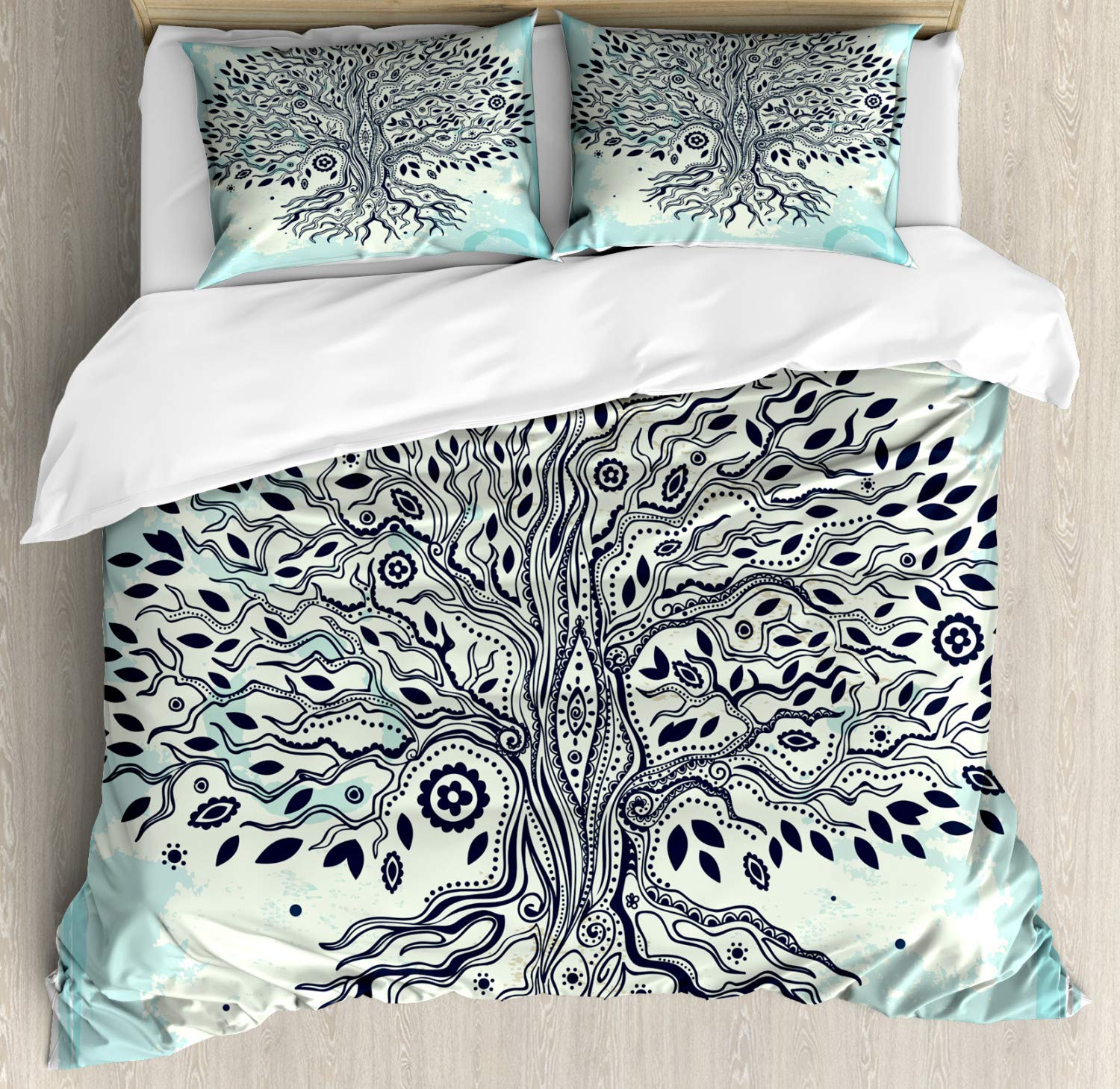 Ambesonne Bohemian Tree of Life Duvet Cover Set - King Size 3-Piece Bedding with 2 Pillow Shams, Indigo Cream Blue Ethnic Print | Hippie Chic Home Decor for Bedroom, Guest Room & Dorm
