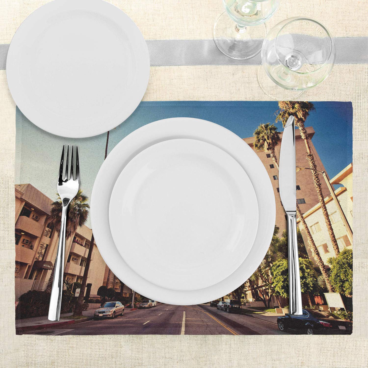 Ambesonne Urban Place Mats Set of 4 - Beverly Hills California Street Scene with Palm Trees & Houses - Washable Fabric Placemats for Dining Table & Kitchen Decor in Pale Blue, Peach & Green - Perfect for Dinner Parties, Family Gatherings & Home Styling
