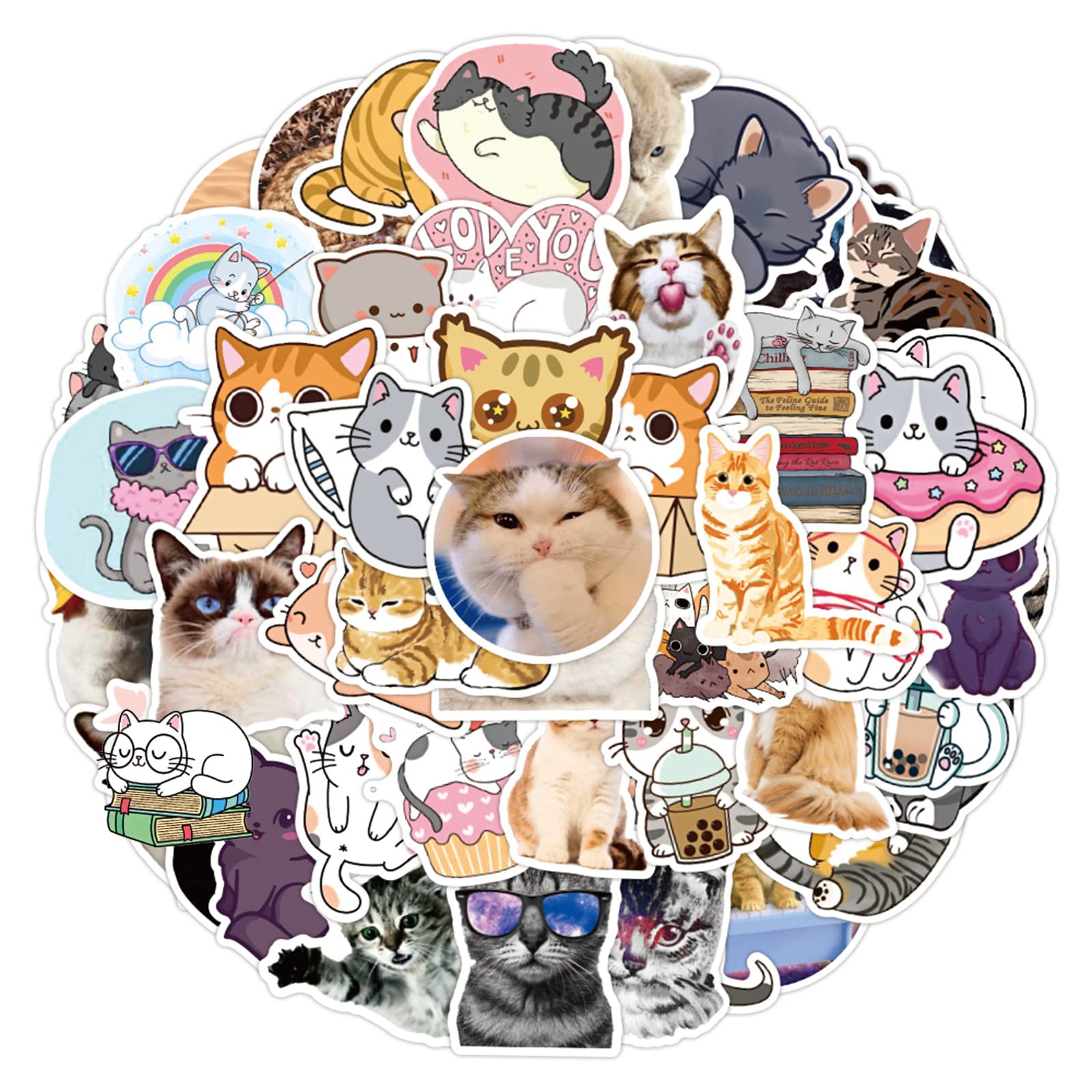 50PCS Cute Cat Stickers Pack - Kawaii Animal Vinyl Waterproof Stickers for Kids, Teens & Adults - Perfect for Water Bottles, Laptops, Scrapbooks, Journals & DIY Crafts (Glueewee Brand)