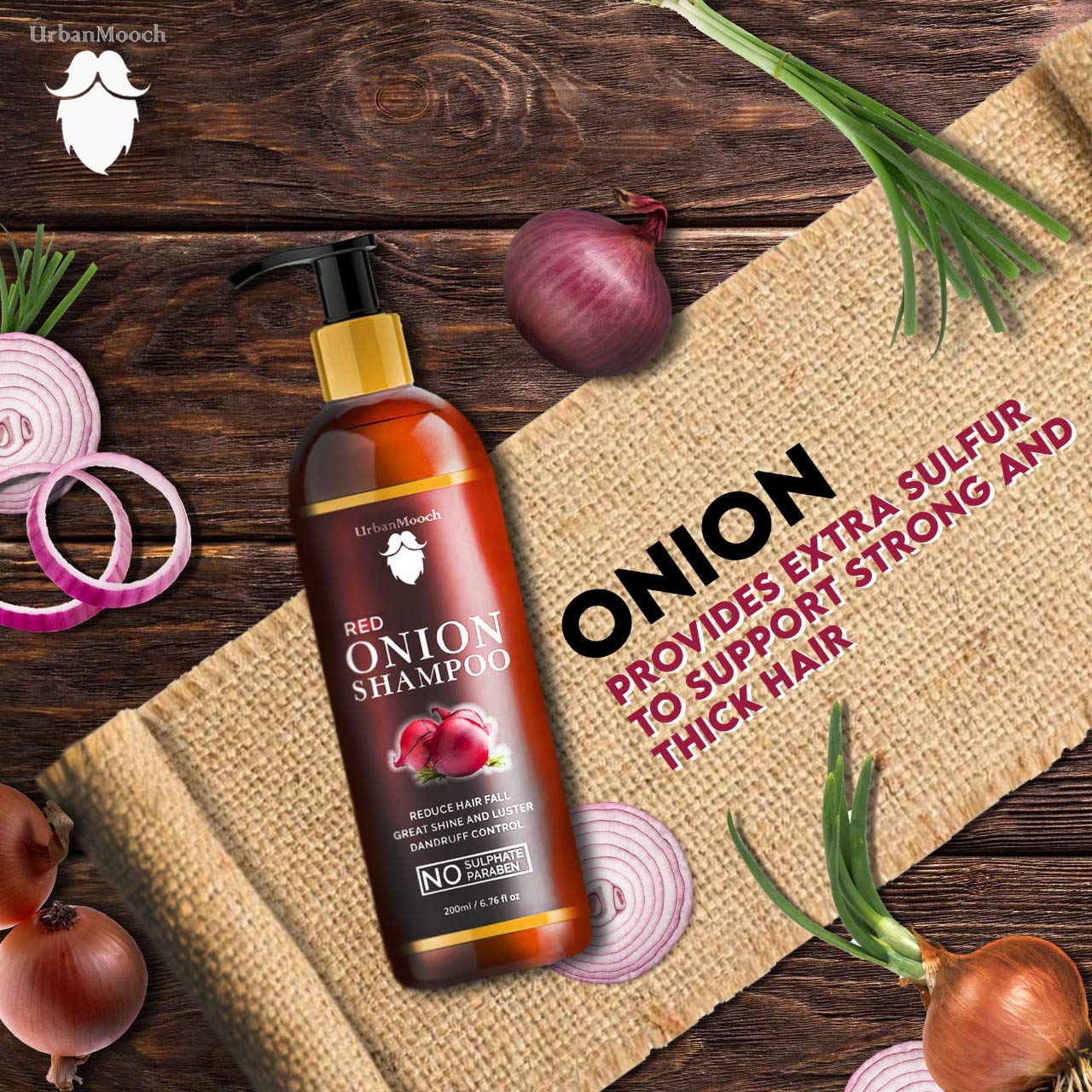 UrbanMooch Onion Shampoo for Hair Growth & Hair Fall Control - Enriched with Onion Extract & Plant Keratin | Reduces Hair Loss, Strengthens & Smoothens Hair | For Men & Women | 200ml | Perfect for Daily Hair Care & Scalp Nourishment