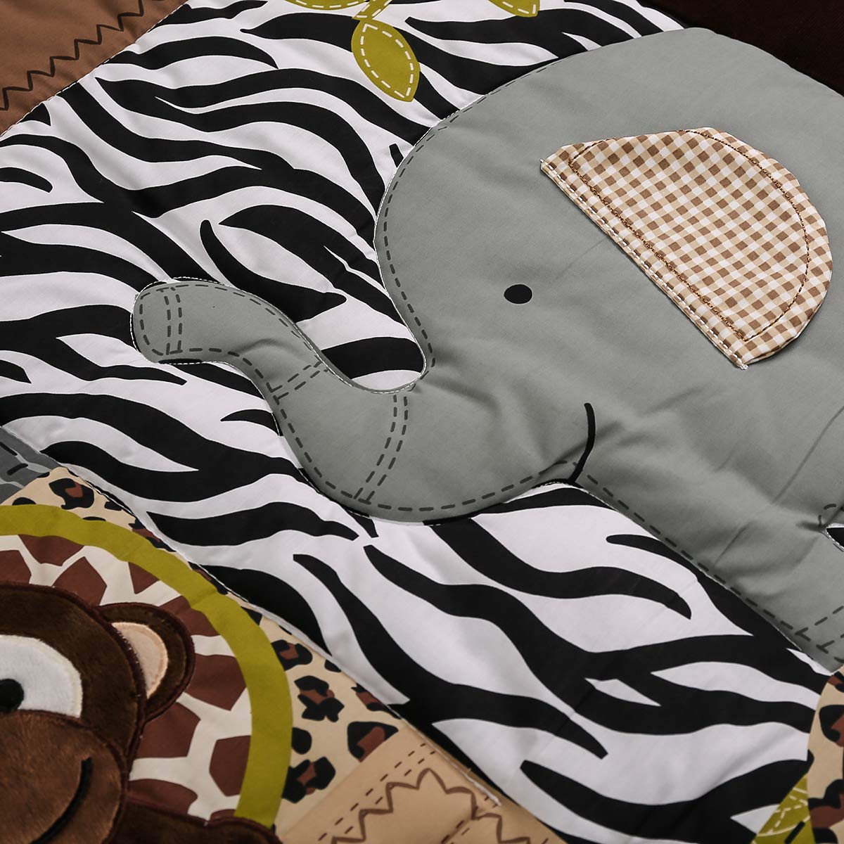 JAHbaby 4-Piece Brown Wild Animal Nursery Crib Bedding Set - Elephant Giraffe Bear Hippo Design for Baby Boys - Includes Quilt, Fitted Sheet, Skirt & Window Valance - Perfect for Jungle-Themed Nursery Decor & Baby Shower Gifts