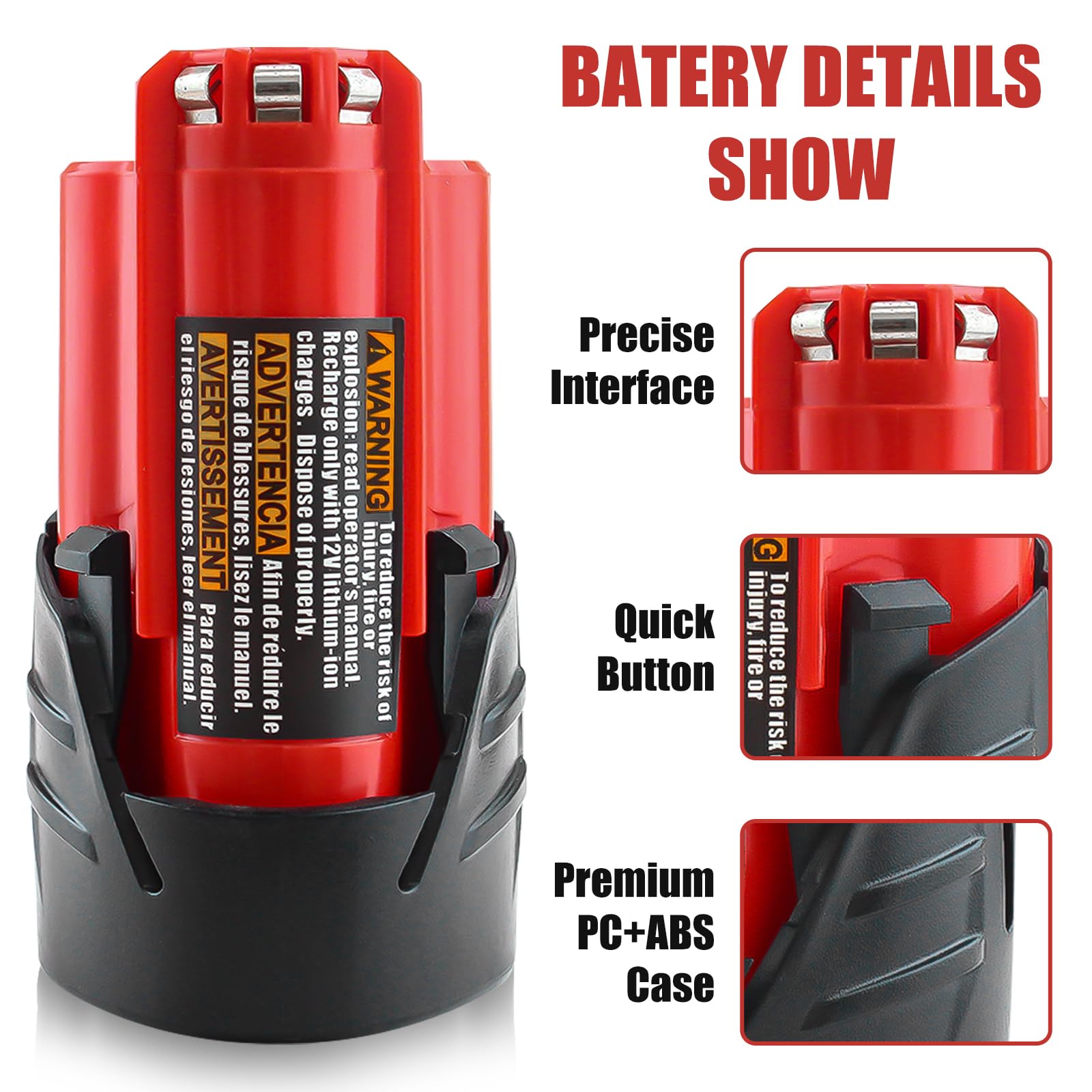 2-Pack Milwaukee 12V 3.0Ah Lithium-Ion Replacement Battery - Compatible with 48-11-2411, 48-11-2420, 48-11-2401, 48-11-2402 Models - Works with Milwaukee 12V Cordless Power Tools (Red) - Perfect for Drills, Screwdrivers, and Other 12V Milwaukee Tools