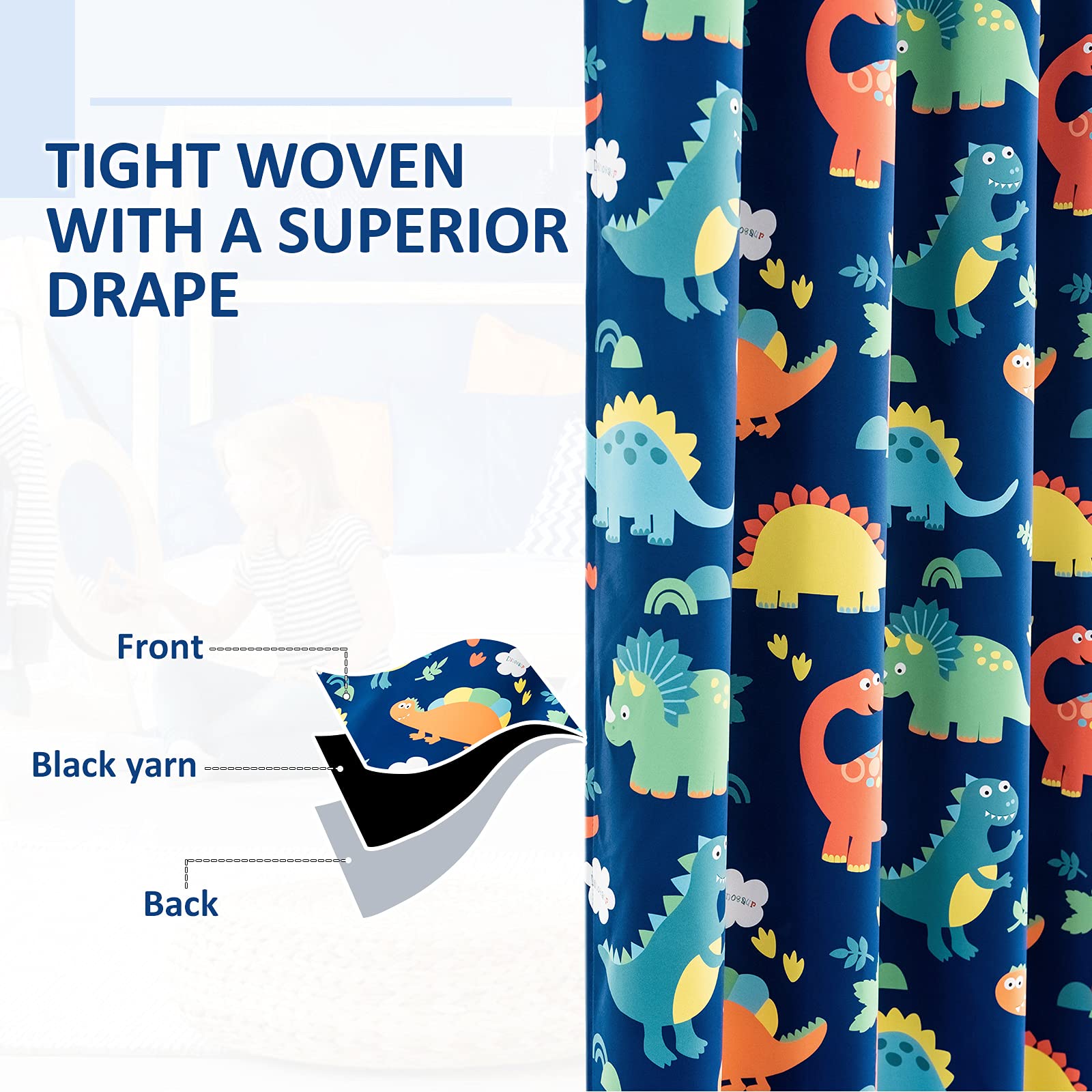 Blackout Curtains for Kids Bedroom - Thermal Insulated Darkening Dinosaur Print Curtains Set of 2 Panels (52