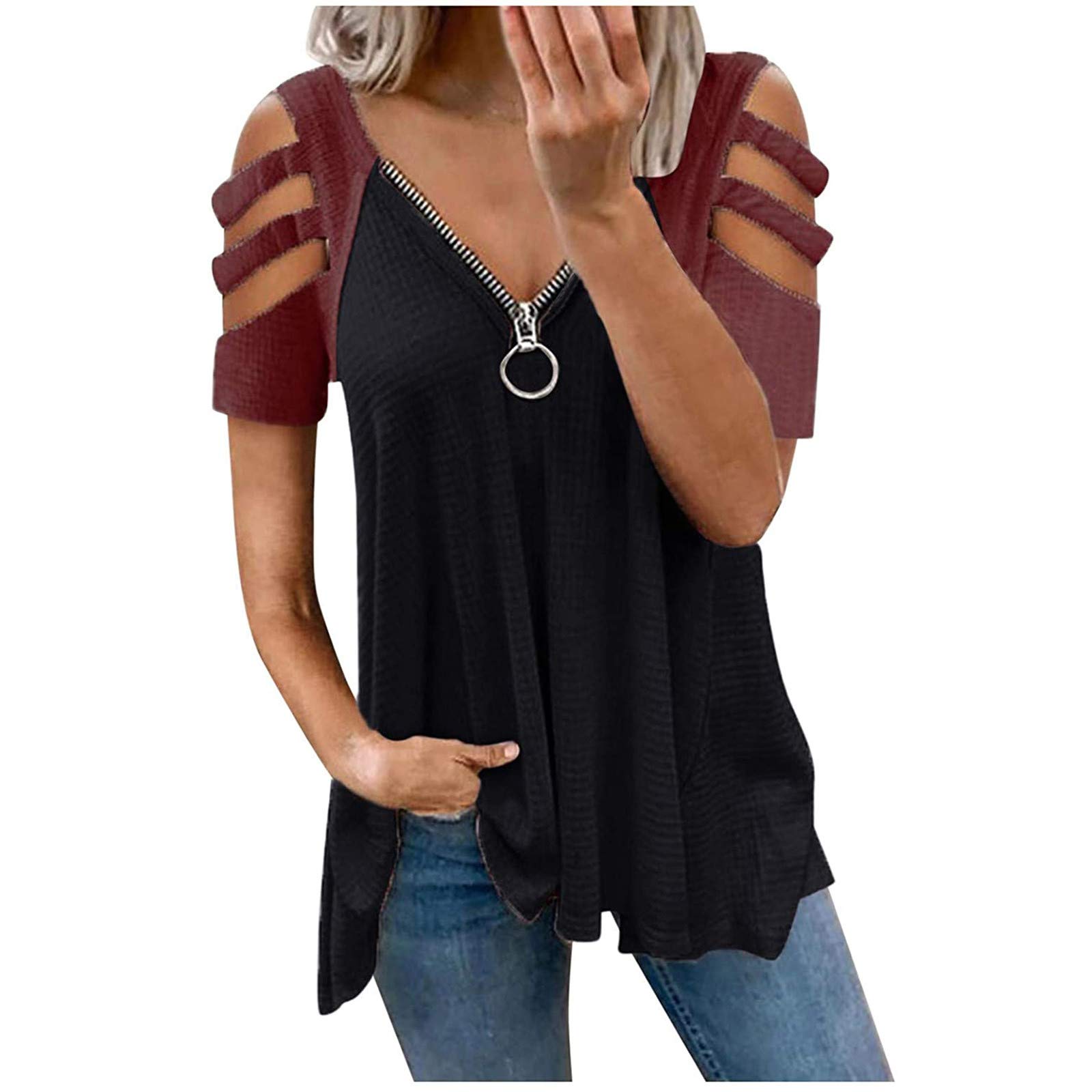 Women's Cold Shoulder Tunic Top with Zipper & Pleated Flowy Design - Stylish Blouse for Casual Wear, Parties & Date Nights