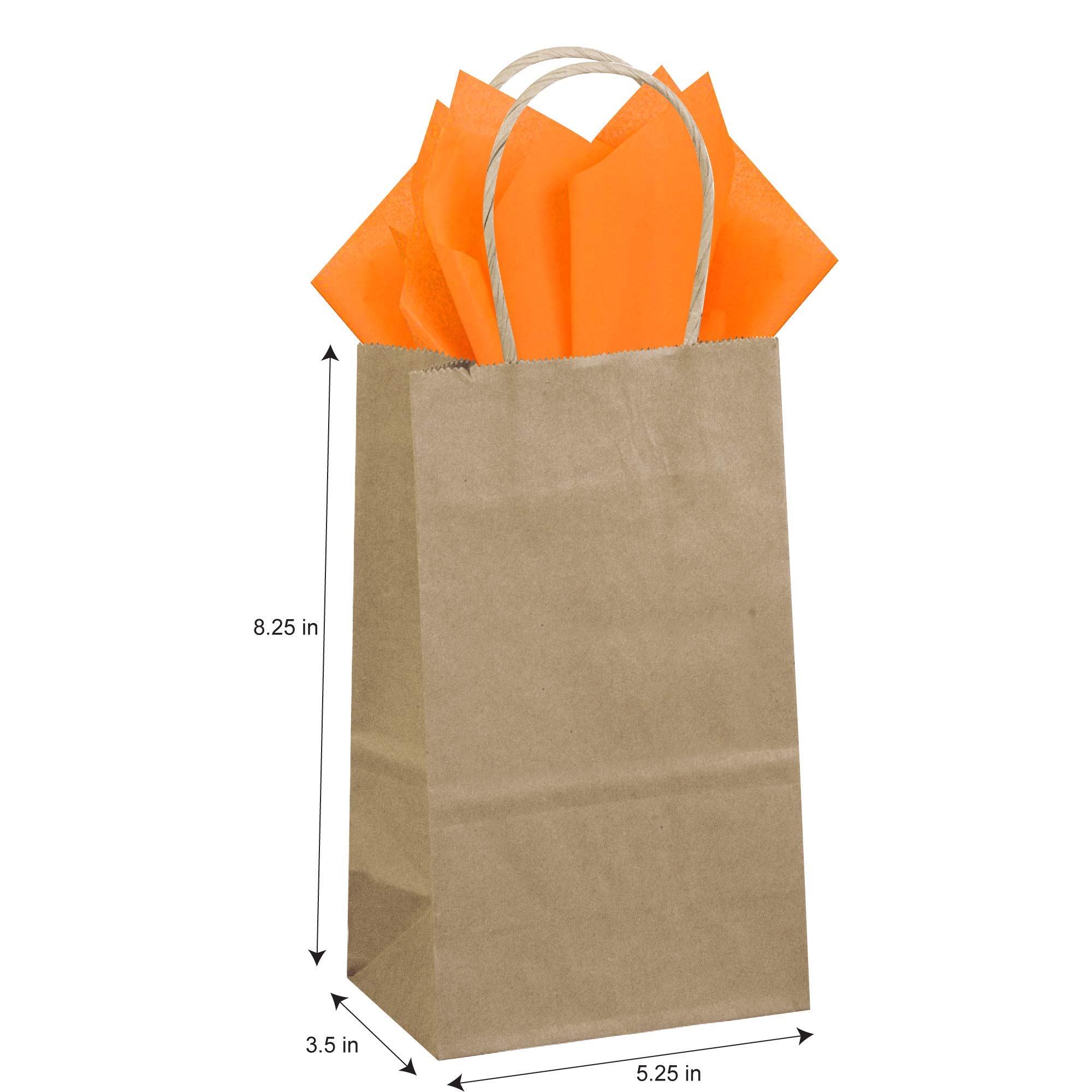 Flexicore Packaging® 50-Pack Natural Brown Kraft Paper Gift Bags with 100-Piece Tangerine Orange Tissue Paper Set - Perfect for Birthday, Wedding & Party Favor Packaging