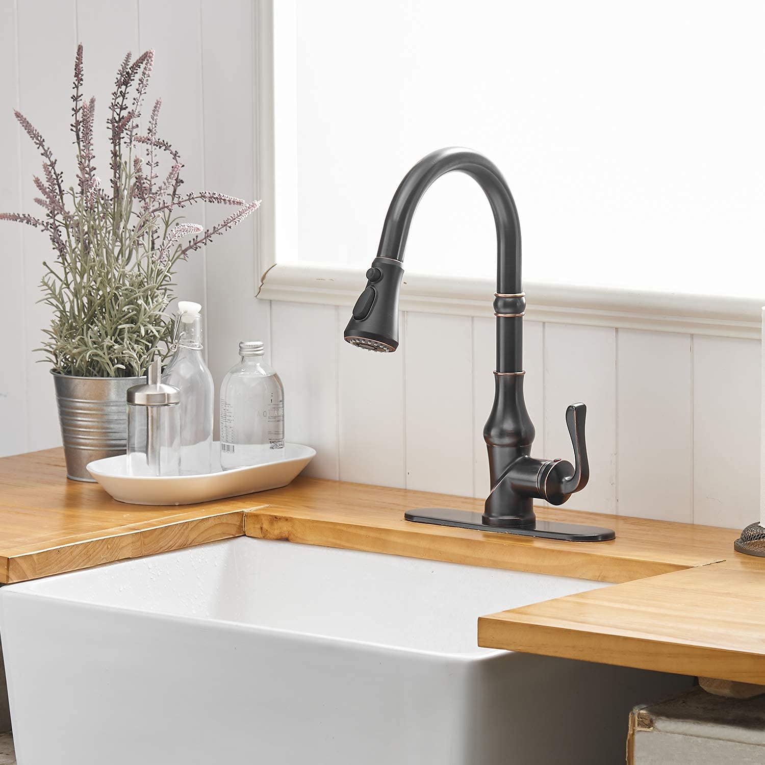 Oil Rubbed Bronze Pull Down Kitchen Faucet with Sprayer - High Arc Single Handle Commercial Grade Faucet with Deck Plate - Perfect for Farmhouse, RV & Bar Sinks (3 Spray Functions)