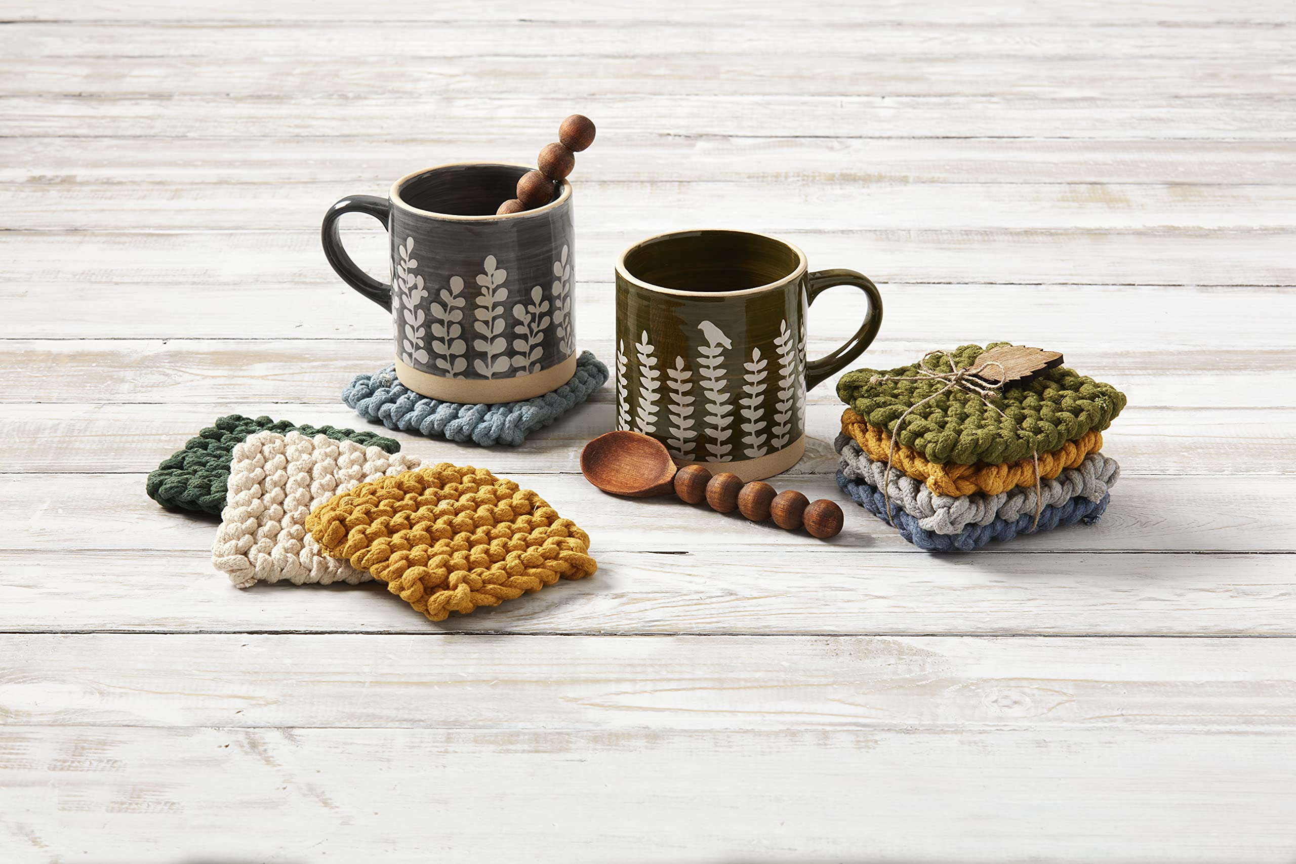 Mud Pie Crochet Coaster Set - Dark Green 4x4 Inch Absorbent Handmade Coasters for Coffee, Tea & Dining Table Decor - Set of 4 Rustic Home Accessories