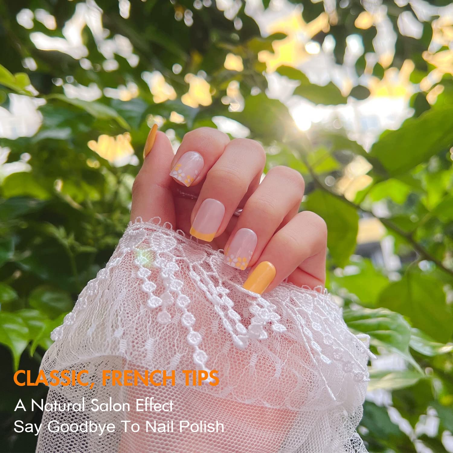 Glossy Yellow Nude Press On Nails Short Square Fake Nails with Nail Glue - 24pcs Cute Floral Design Artificial Nails for Manicure | Perfect for Parties, Weddings & Everyday Wear