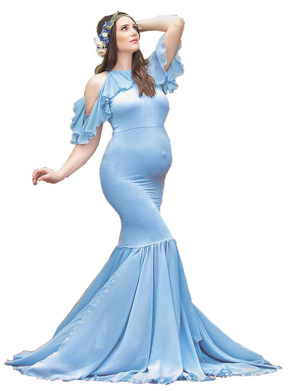 Elegant Maternity Off Shoulder Photography Gown - Flowy Chiffon Baby Shower Dress for Pregnancy Photos, Maternity Shoot & Special Occasions