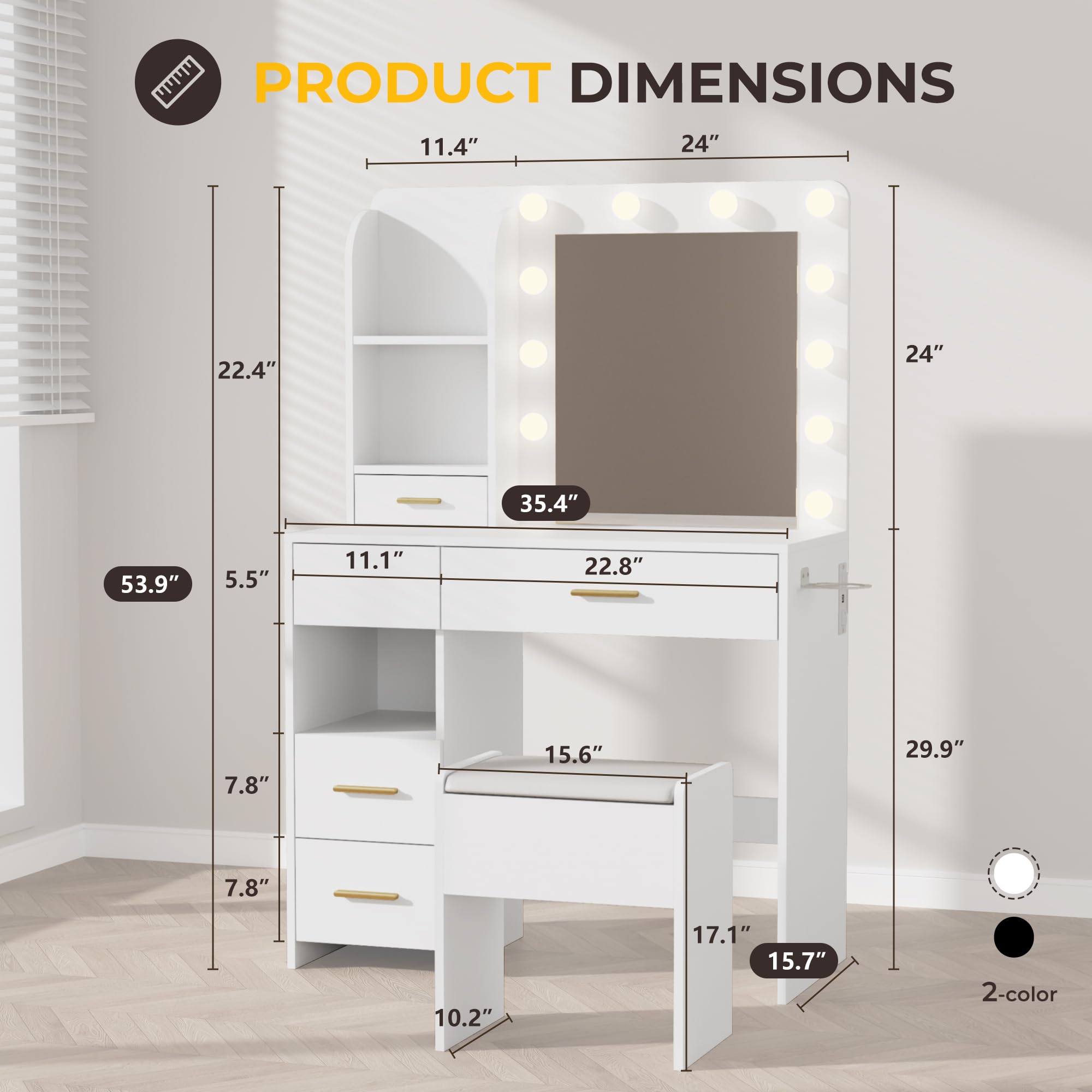Vanity Desk with LED Lighted Mirror & Power Outlet - 3 Color Lighting Makeup Vanity Table with 5 Drawers & 3 Shelves, Includes Storage Stool - Perfect for Bedroom, Dressing Room & Home Beauty Station (White)