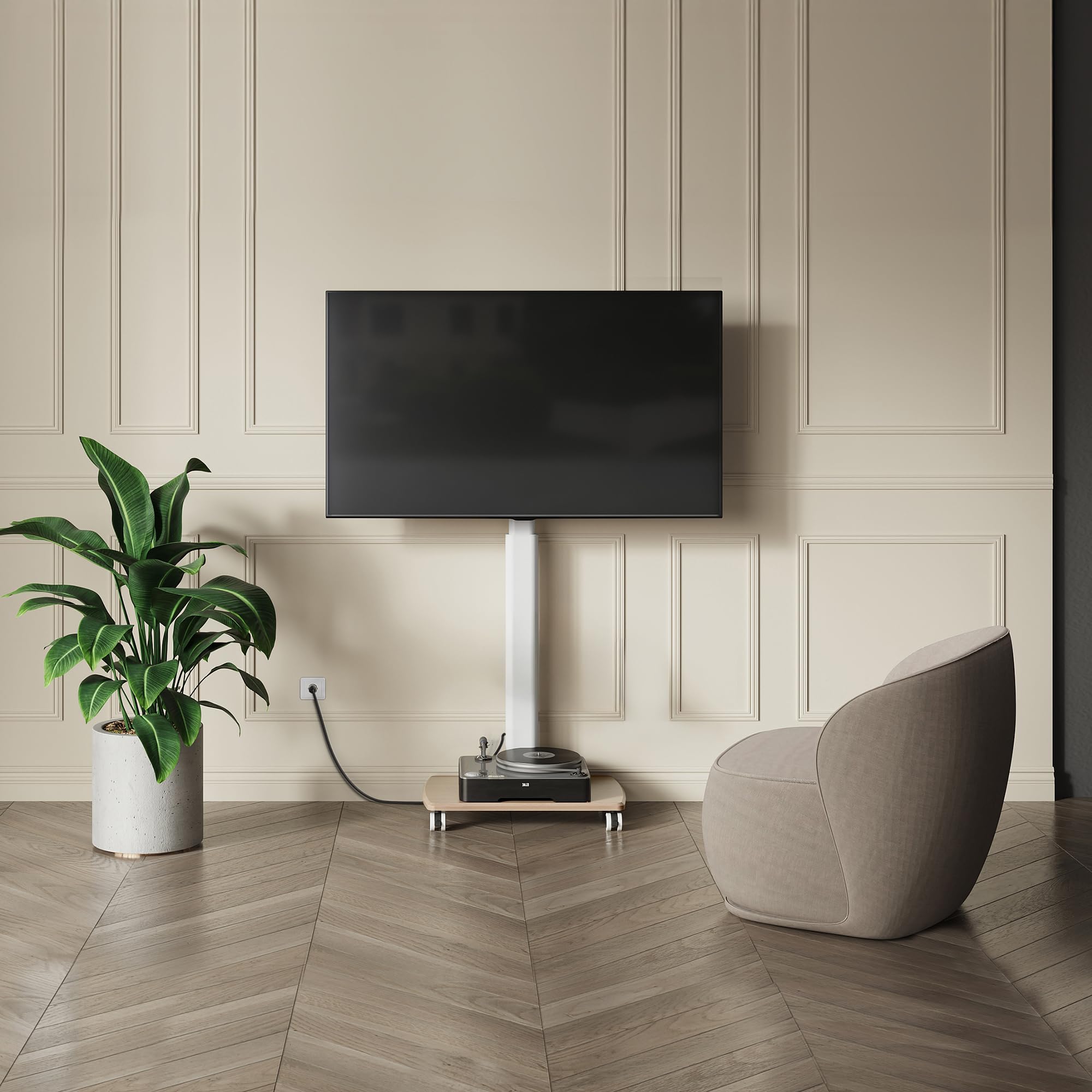 FITUEYES Rolling TV Stand with Power Outlets - Swivel Mobile TV Cart for 32-70 Inch Flat/Curved Screens, Height Adjustable Wood Base Supports 99Lbs - Perfect for Living Room, Bedroom, and Office Entertainment Setup