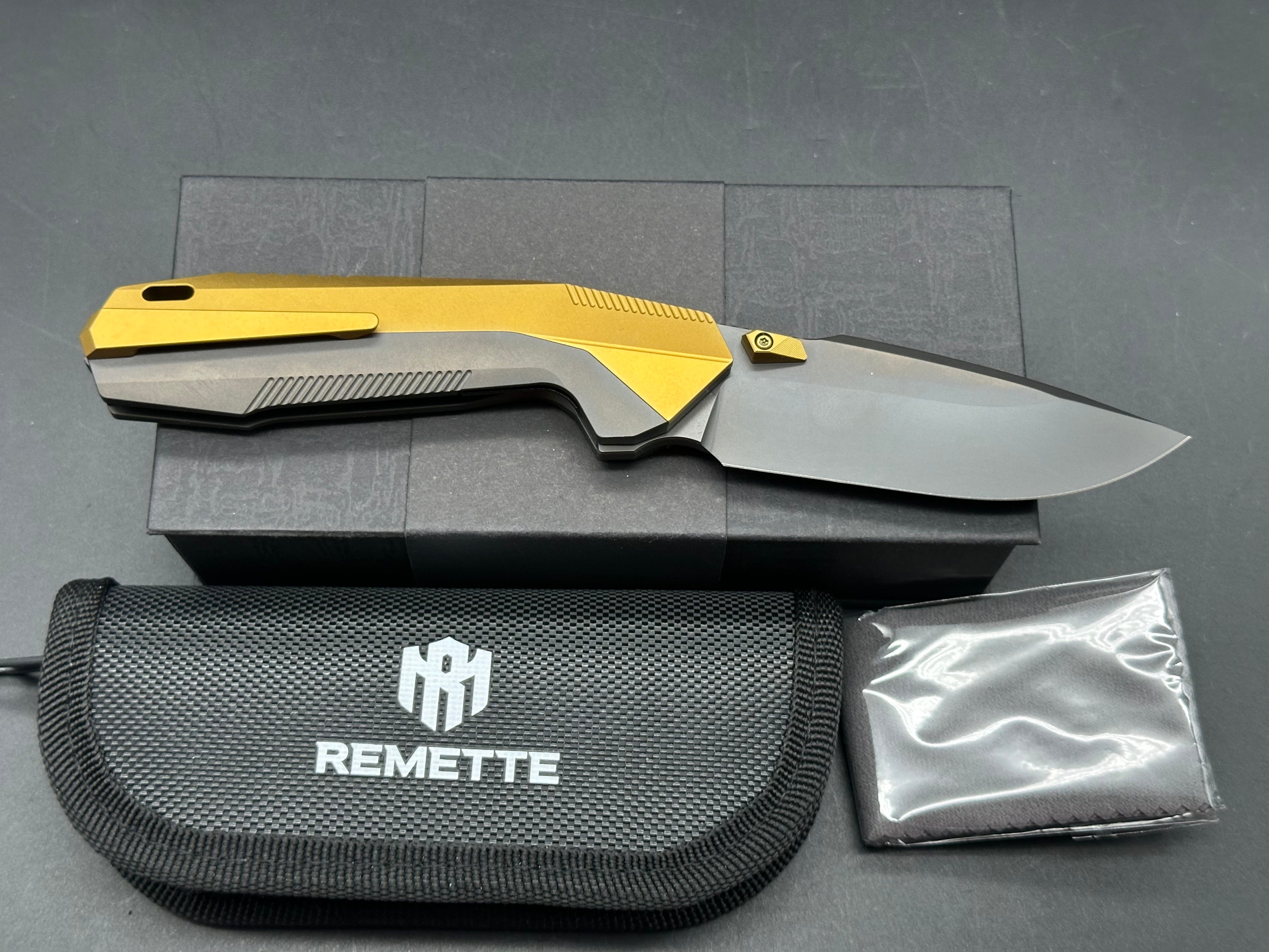 REMETTE RT WK1 G Folding Pocket Knife - Black DLC/Gold Titanium Handle, M390 Steel Drop Point Blade - EDC, Camping, Hunting & Outdoor Survival Tool