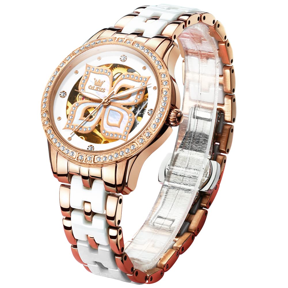 OLEVS Women's Automatic Watch - Premium Large Face Diamond Accented Self-Winding Ladies Dress Watch | Waterproof, Two-Tone Stainless Steel & Ceramic Bracelet | Perfect for Business, Formal Events & Everyday Wear