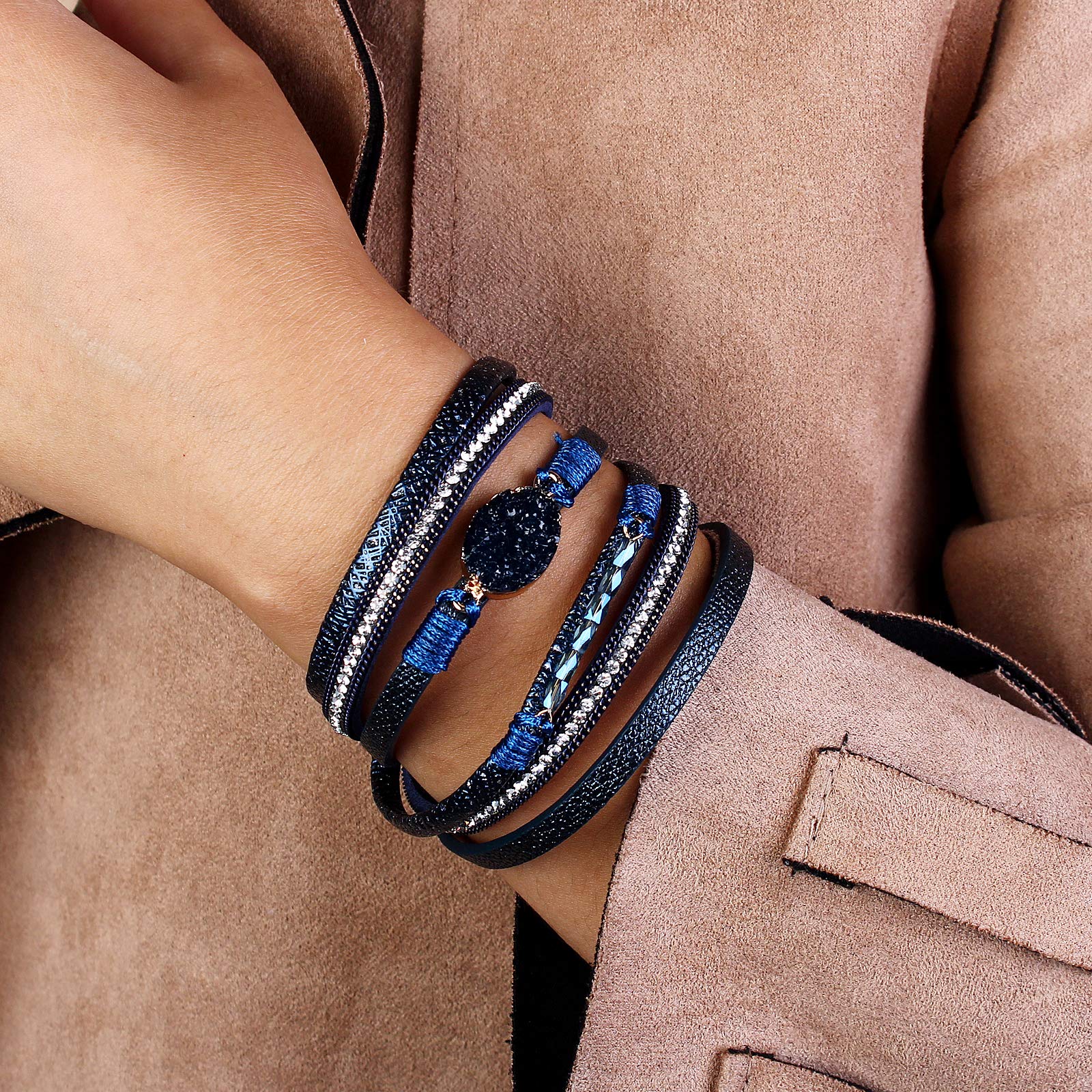 Boho Leather Double Wrap Cuff Bracelet with Crystal Beads & Magnetic Clasp - Shiny Stackable Jewelry Gift for Women | Perfect for Festivals, Boho Chic Outfits & Layered Arm Candy