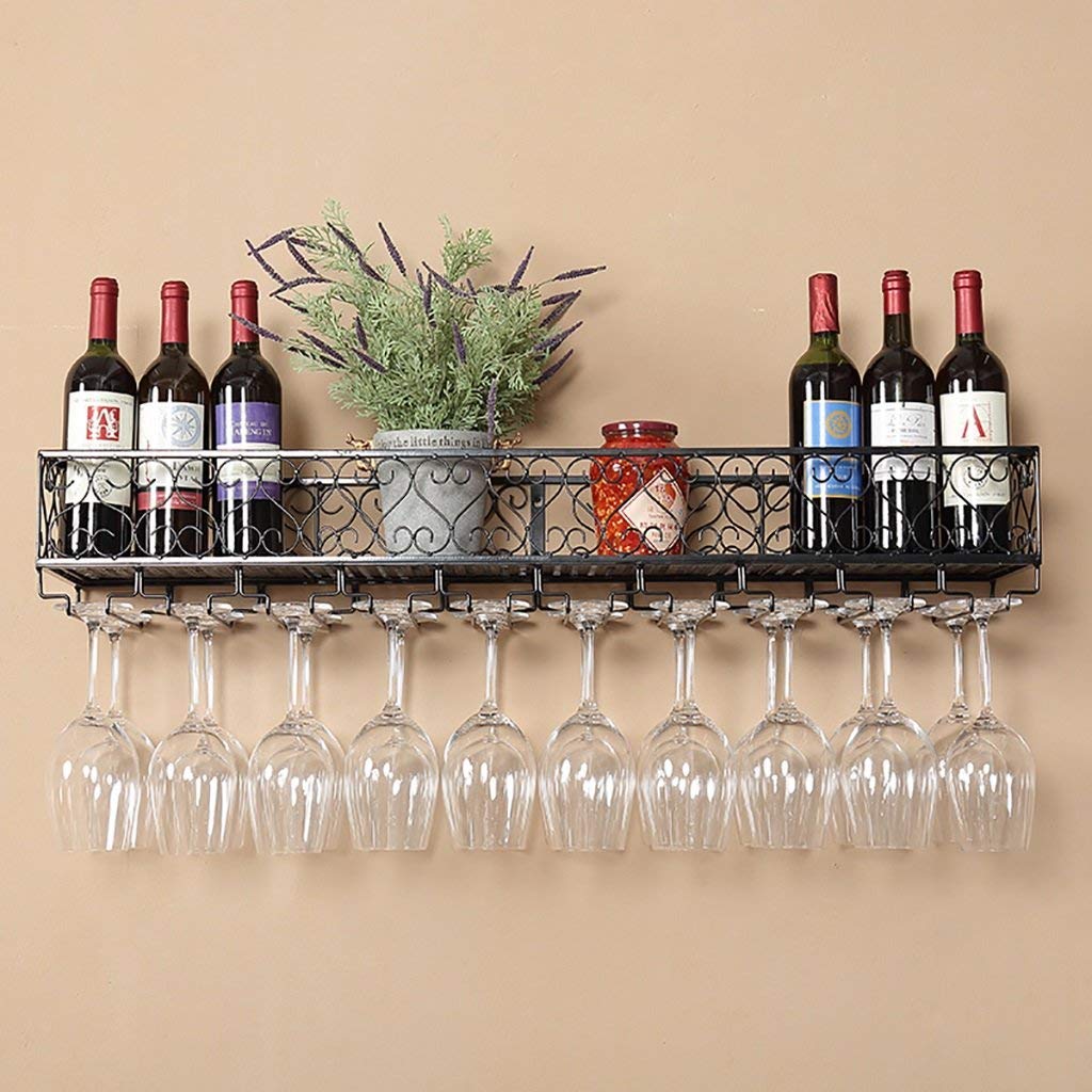 Black Wrought Iron Wall Mounted Wine Rack - 100x25x16cm Hanging Goblet Holder for Kitchen, Bar & Dining Room - Upside Down Glass Cup Storage Display with Rustic Wine Cabinet Design - Perfect for Home Decor & Entertaining Guests