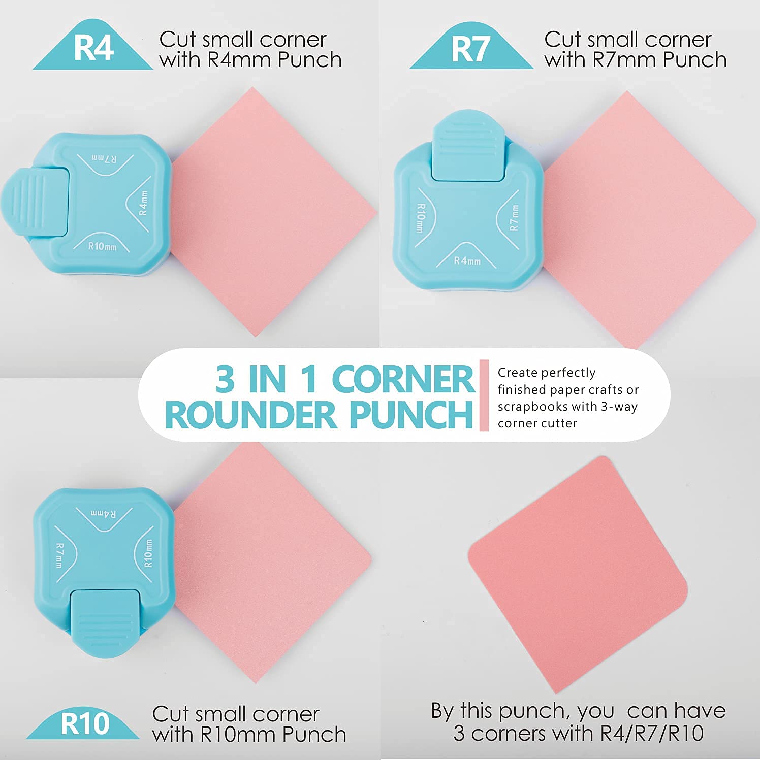3 in 1 Corner Punch Rounder Cutter for Card Making, Scrapbooking, Business Cards - 4mm/7mm/10mm Ocean Blue | Perfect for DIY Crafts, Photo Albums & Office Supplies