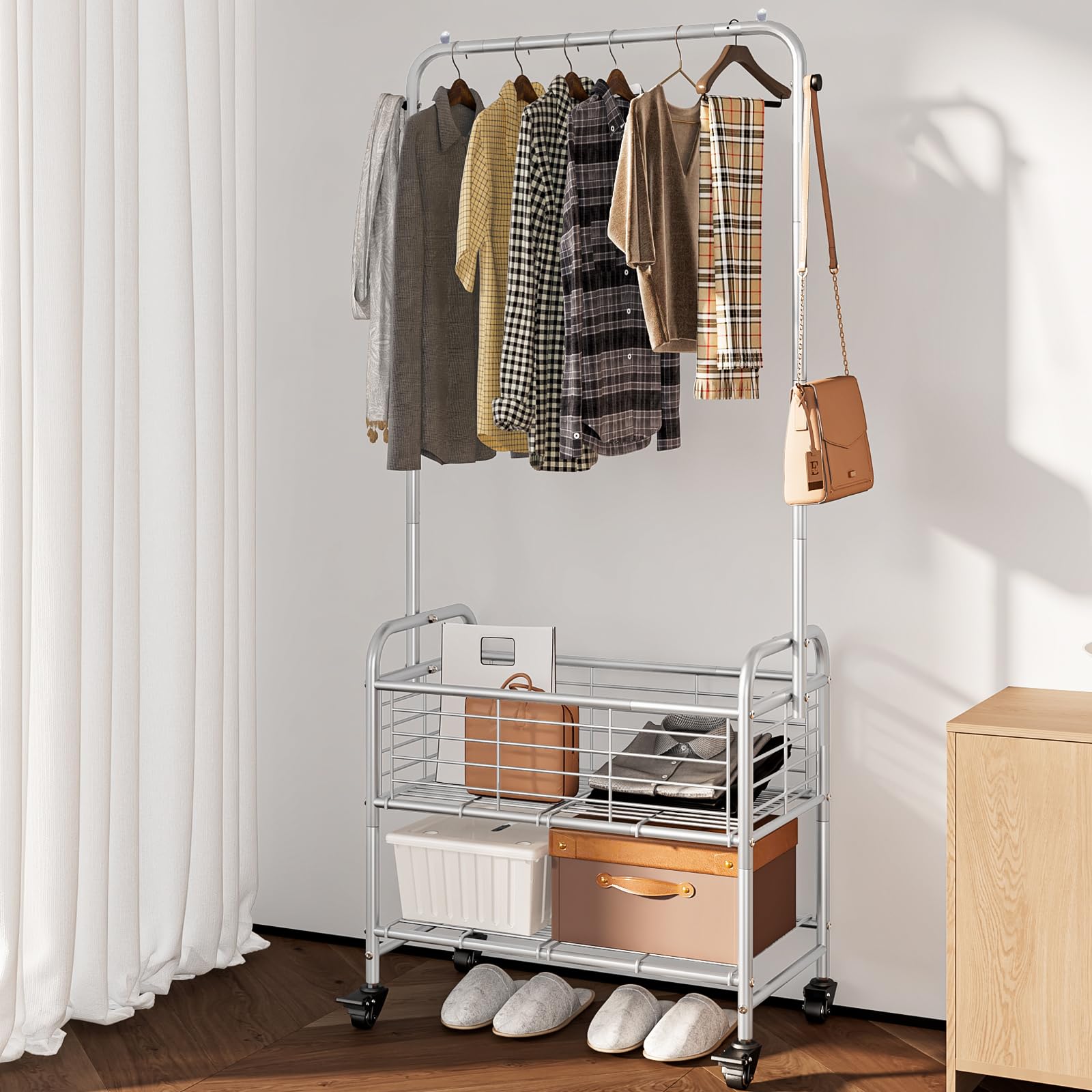 Rolling Laundry Basket with Wheels - Foldable Laundry Hamper & Sorter Cart with Hanging Rack, Grey | Perfect for Small Spaces, Apartments, and Laundry Room Organization