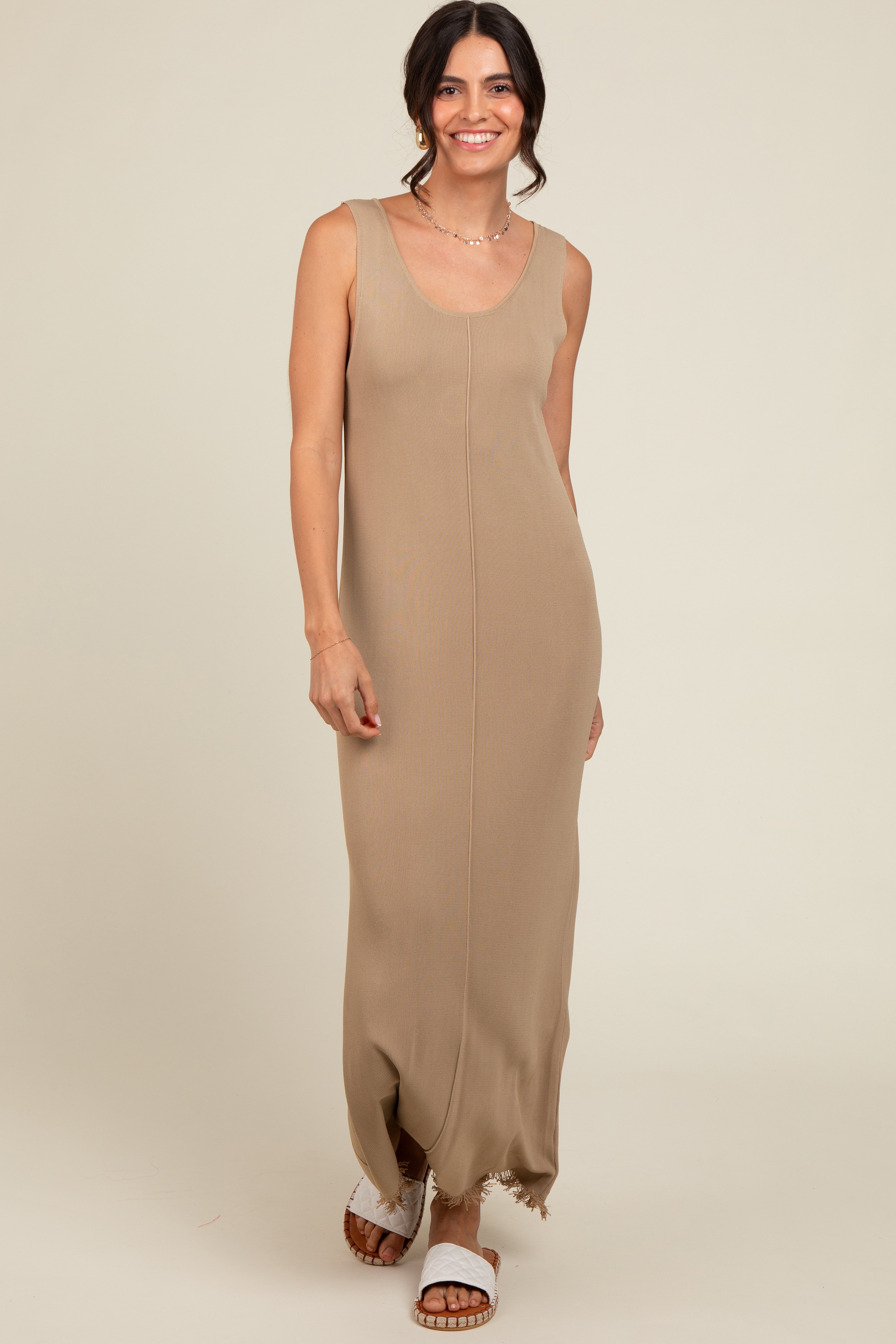 Beige Knit Fringe Midi Dress for Women - Boho Chic Lace Trim Summer Dress - Perfect for Beach Vacations, Date Nights & Casual Outings