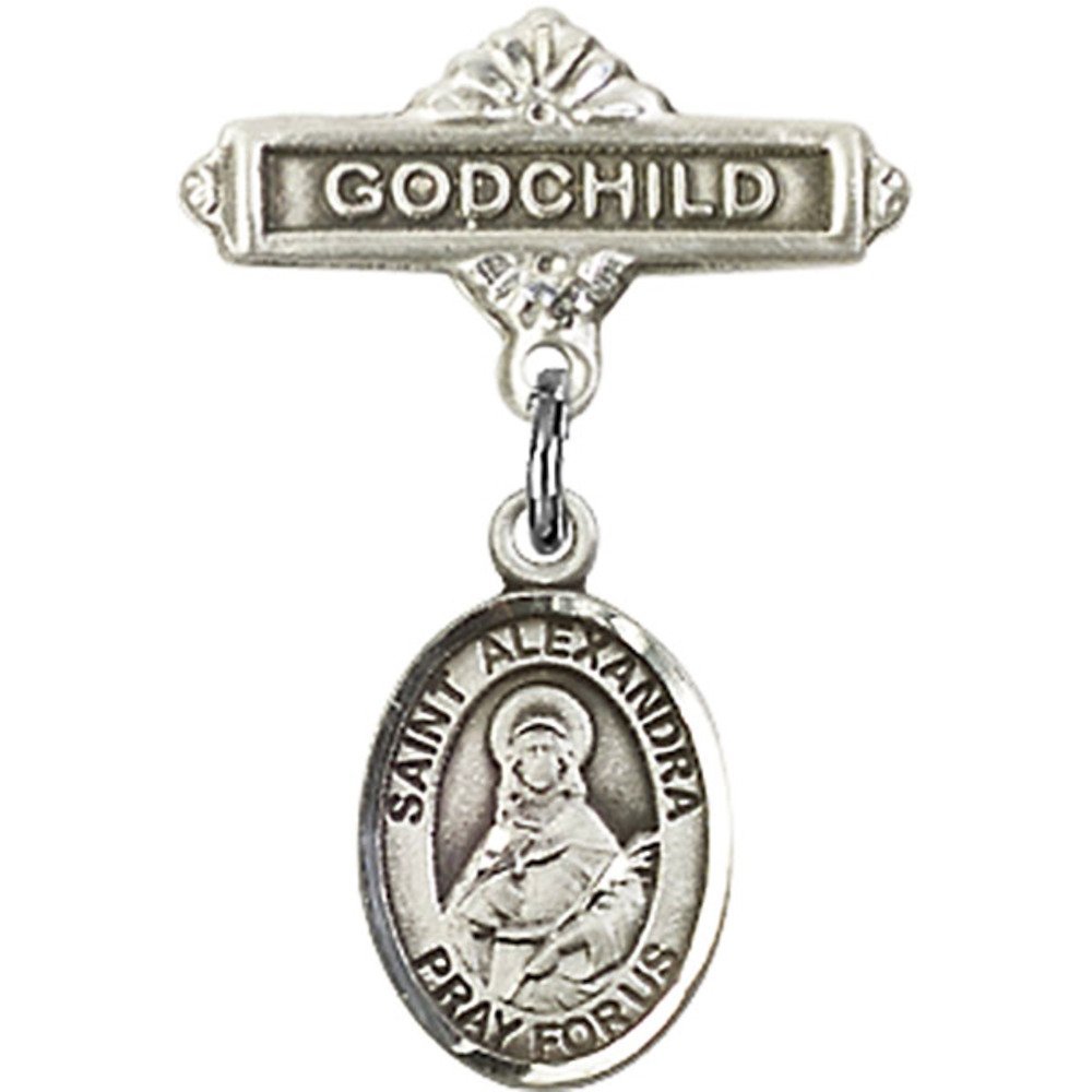 Sterling Silver Baby Badge with St. Alexandra Charm - Godchild Gift Pin 1 X 5/8 Inches - Perfect for Christening, Baptism & Baby Blessing Ceremonies