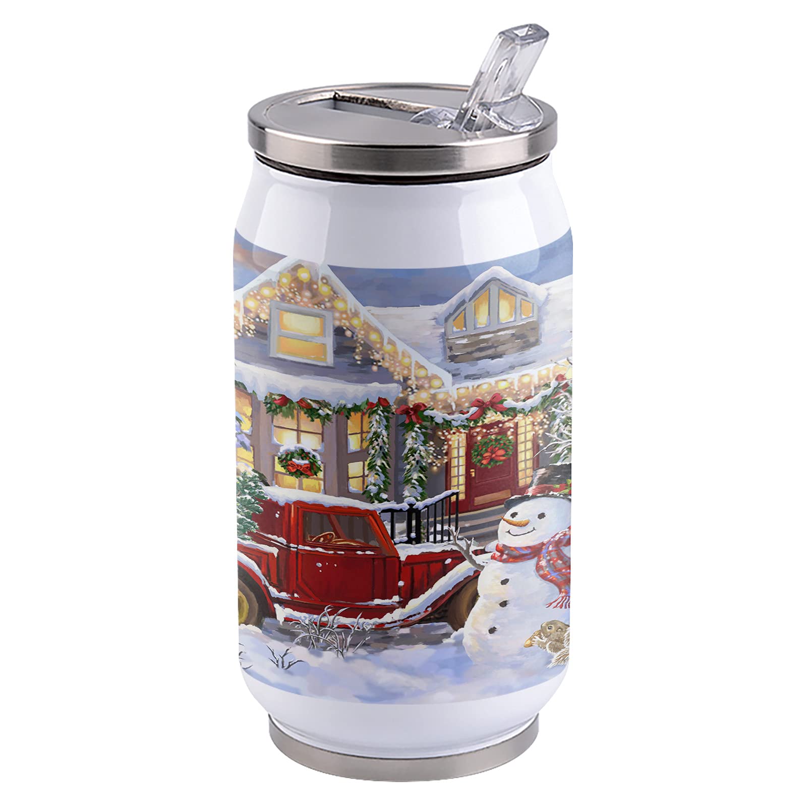 Christmas Snowman Insulated Tumbler - 14oz Double Wall Stainless Steel Vacuum Travel Mug with Lid & Straw - Leakproof Coffee & Water Cup for Home, Office, Car - Perfect Holiday Gift for Christmas, New Year (Red Retro Truck & Xmas Tree Design) - Great for Hot/Cold Drinks, Commuting, Gifts & Winter Celebrations