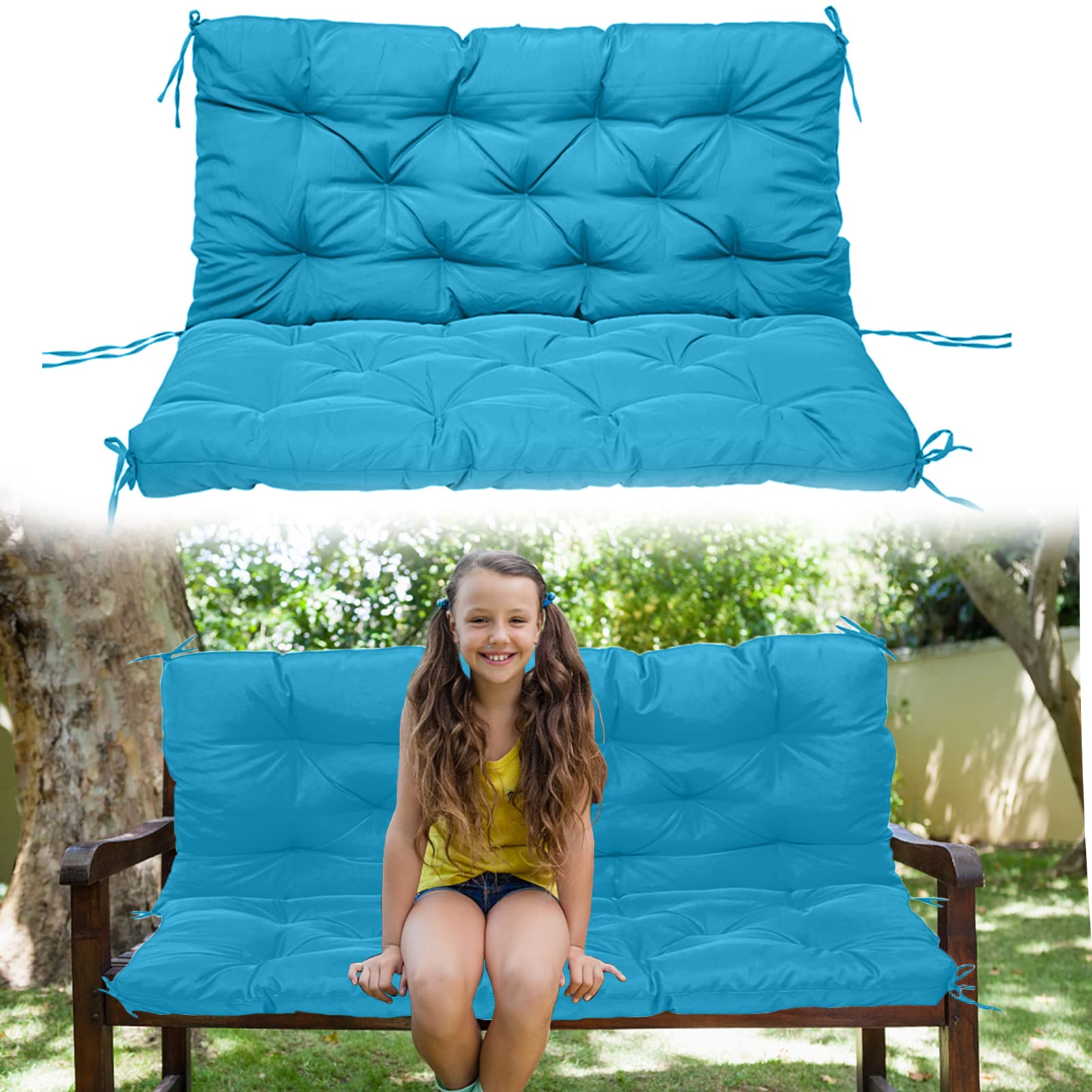 Outdoor Swing Replacement Seat Pad - 3 Seater Waterproof Non-Slip Bench Cushion with Ties - Heavy Duty Overstuffed Loveseat Cushion for Garden Furniture, Patio Lounger (40x40 Inches, Sky Blue) - Perfect for Backyard, Porch, Deck and Outdoor Relaxation
