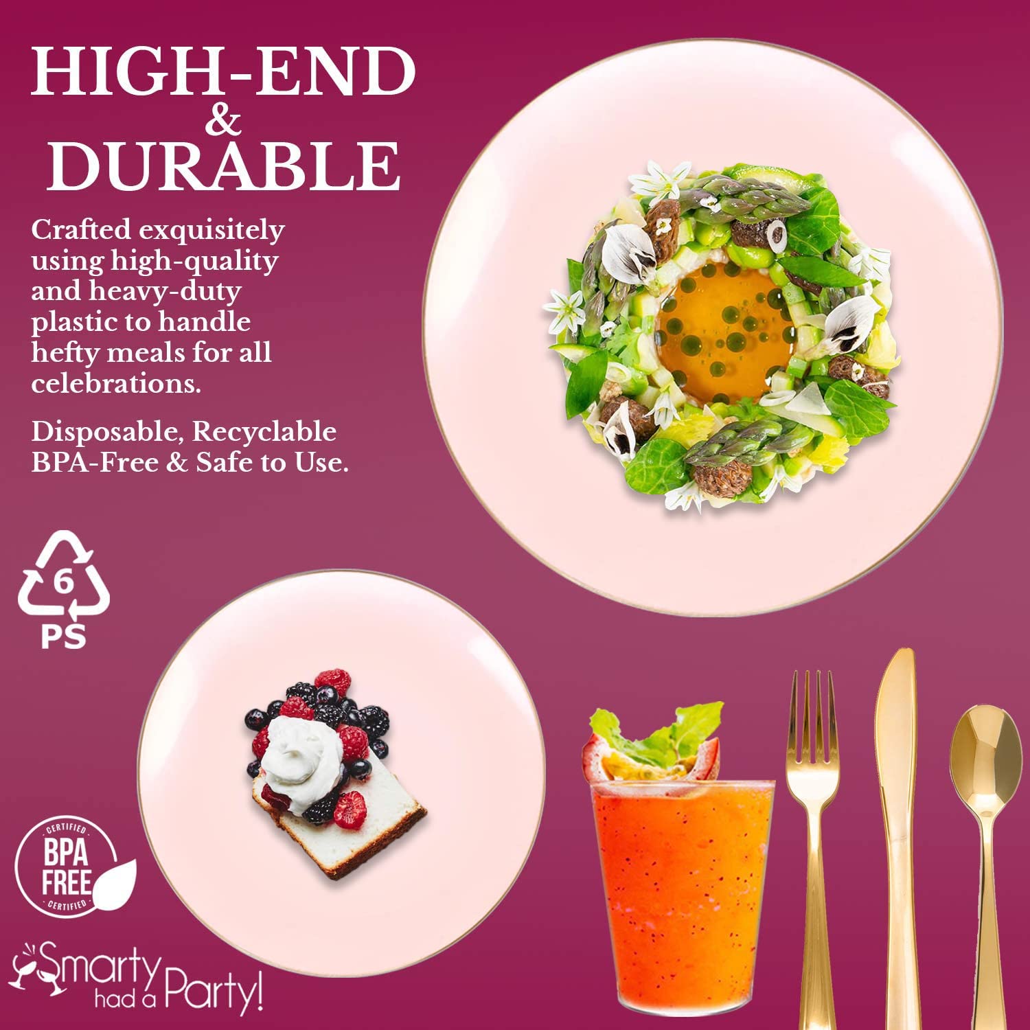 Eco-Friendly Disposable Plastic Plates with Elegant Rim Design - Bulk Round Dinnerware for Wedding, Birthday Party & Special Events (Pink & Gold, 120-Piece Wedding Set) | Perfect for Catering, Outdoor Events & Home Entertaining