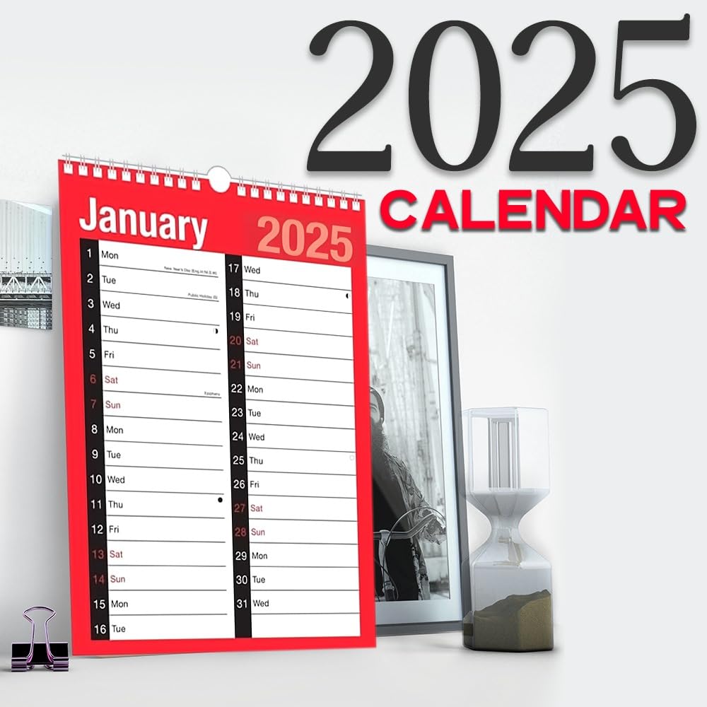 ZYBUX 2025 Spiral Bound Wall Calendar Planner - A4 2-Column Design with Holidays & Notable Dates | Perfect for Home, Office, School & Business Planning | Durable Organizer for Year-Round Scheduling