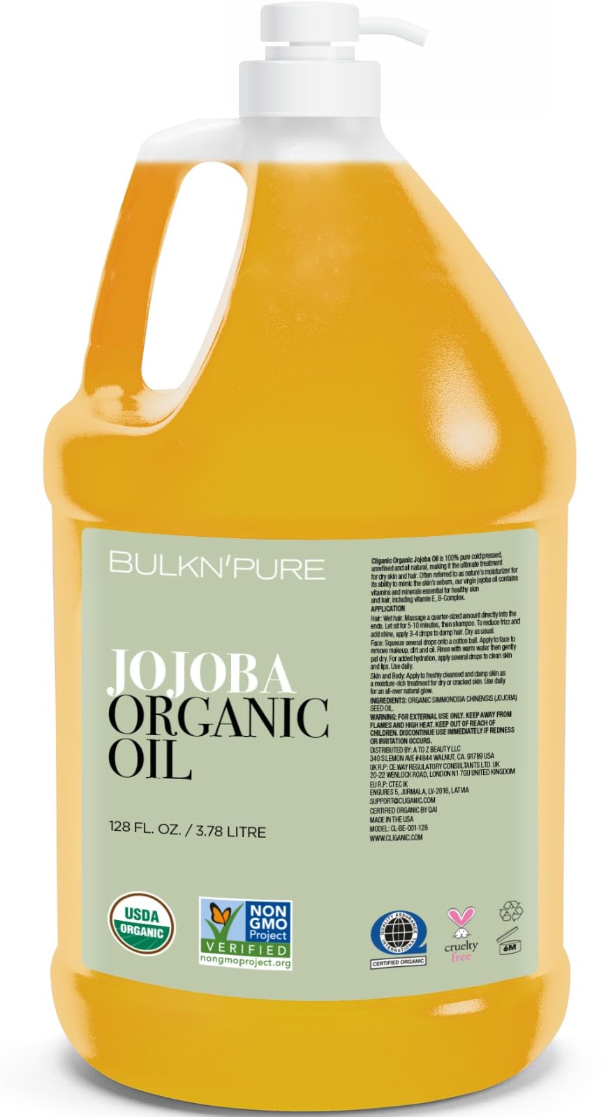 Organic Jojoba Oil Bulk 128oz (1 Gallon) - Pure, Cold-Pressed, Unrefined for Hair, Skin, Face & Body Care - DIY Beauty, Massage & Aromatherapy