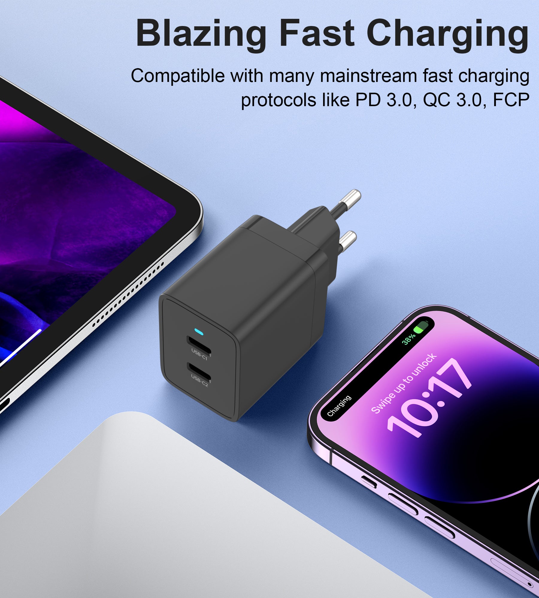 Choetech Dual USB-C PD 40W Fast Wall Charger - Compact & Powerful for iPhone 15, MacBook, iPad, Samsung Galaxy - Perfect for Travel & Home Use
