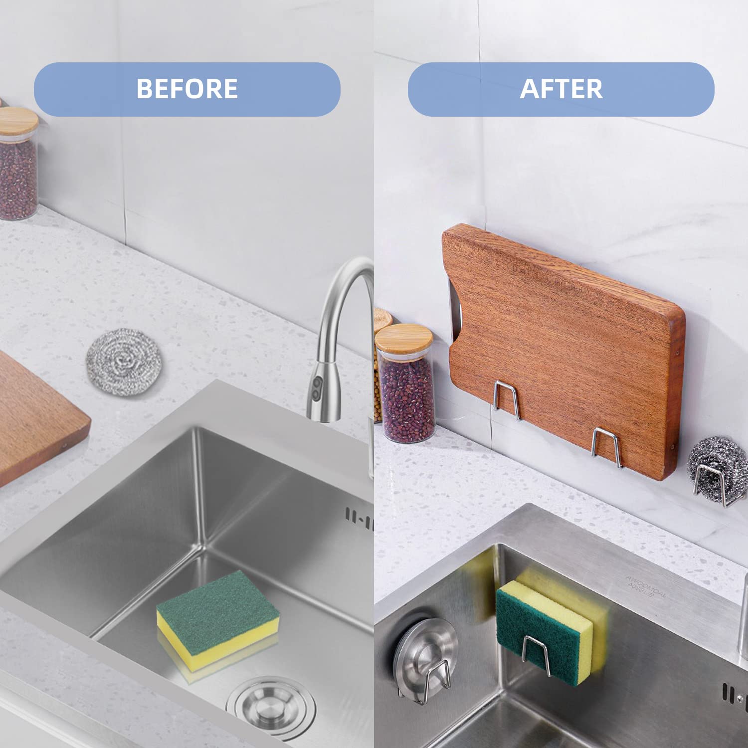 Stainless Steel Sponge Holder for Kitchen Sink - Rustproof & Waterproof Adhesive Rack with Quick Drying Design - Perfect for Scrubbing Pads, Dish Sponges & Cleaning Tools - Ideal for Kitchen Organization & Sink Storage
