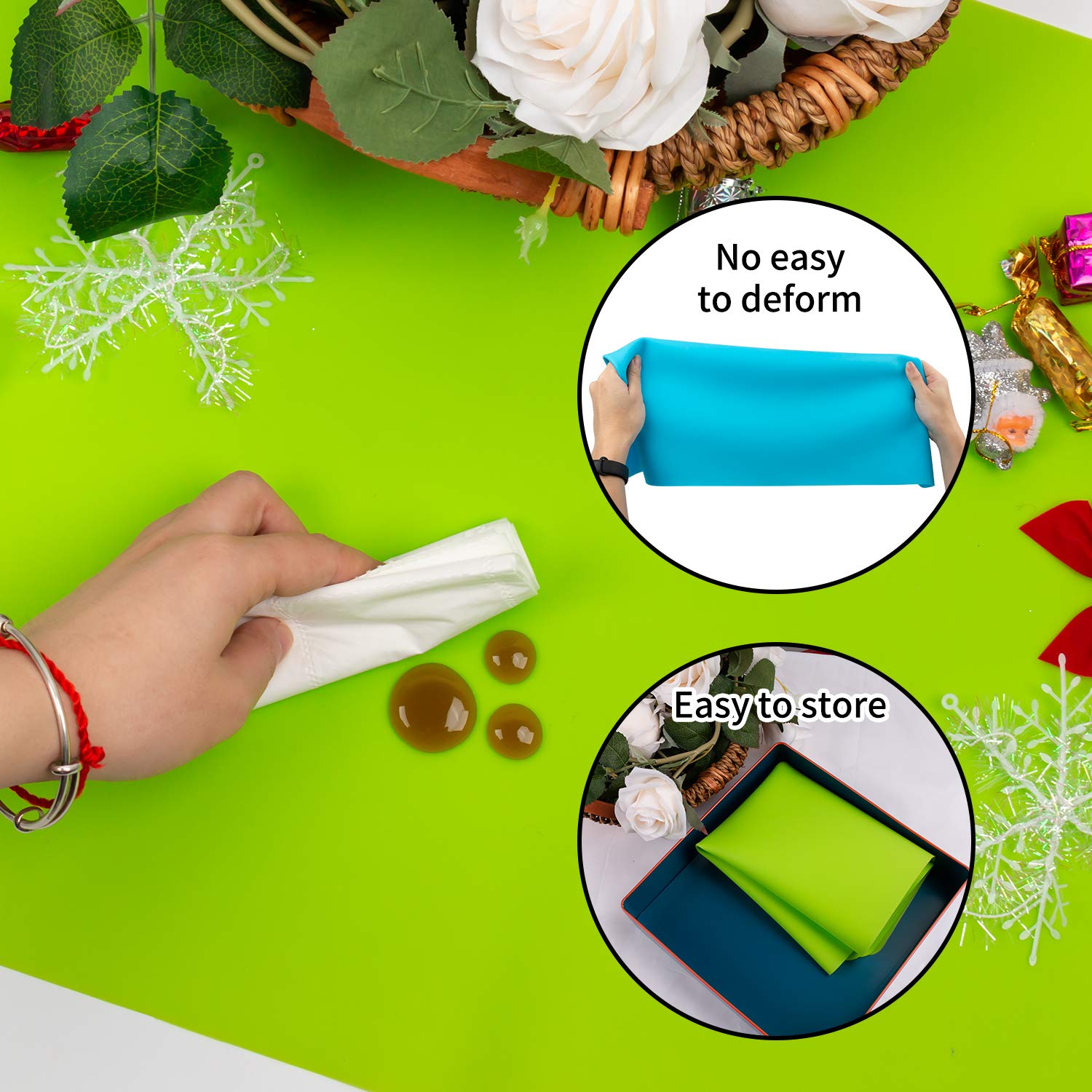 2 Pack Extra Large Silicone Mats for Crafts & Baking - Heat Resistant, Non-Slip Kitchen Countertop Protector & Dough Rolling Pad - Reusable, Dishwasher Safe (Blue & Green, 23.6