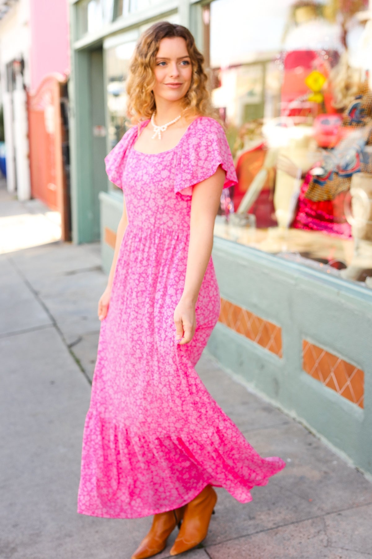 Perfectly You Fuchsia Ditzy Floral Fit & Flare Maxi Dress - Women's Summer Boho Beach Dress for Vacation, Wedding Guest & Outdoor Parties