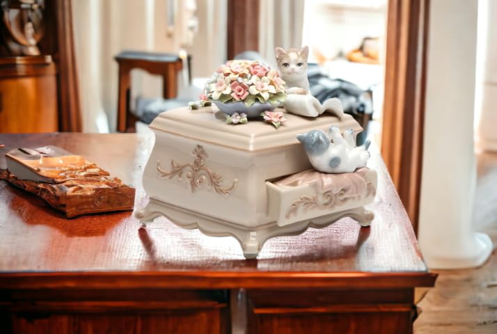 80043 Fine Porcelain Two Kittens Playing Around Dresser with Flower Pot Music Box Figurine (Plays 'You've Got A Friend' Melody) - 4.5 Inch Collectible Home Decor for Living Room, Bedroom & Gift Giving