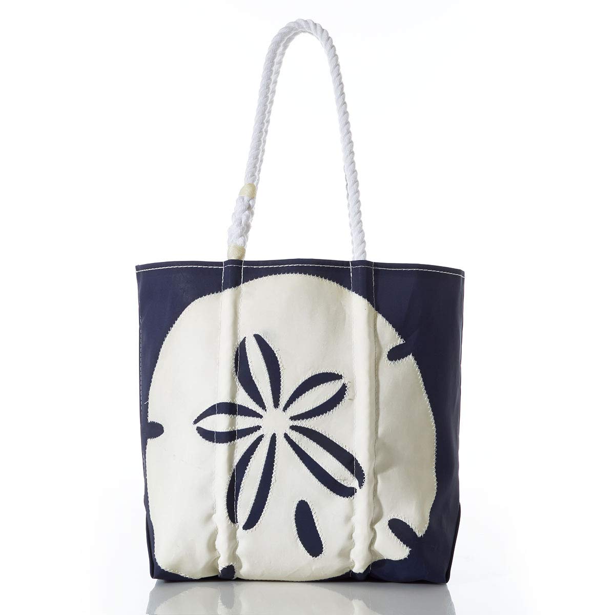Eco-Friendly Recycled Sailcloth Medium Tote Bag - Navy & White Sand Dollar Design - Durable Rope Handles for Travel, Work & Beach | Sustainable Carry-On Tote for Women & Men | Perfect for Commuting, Shopping & Weekend Getaways