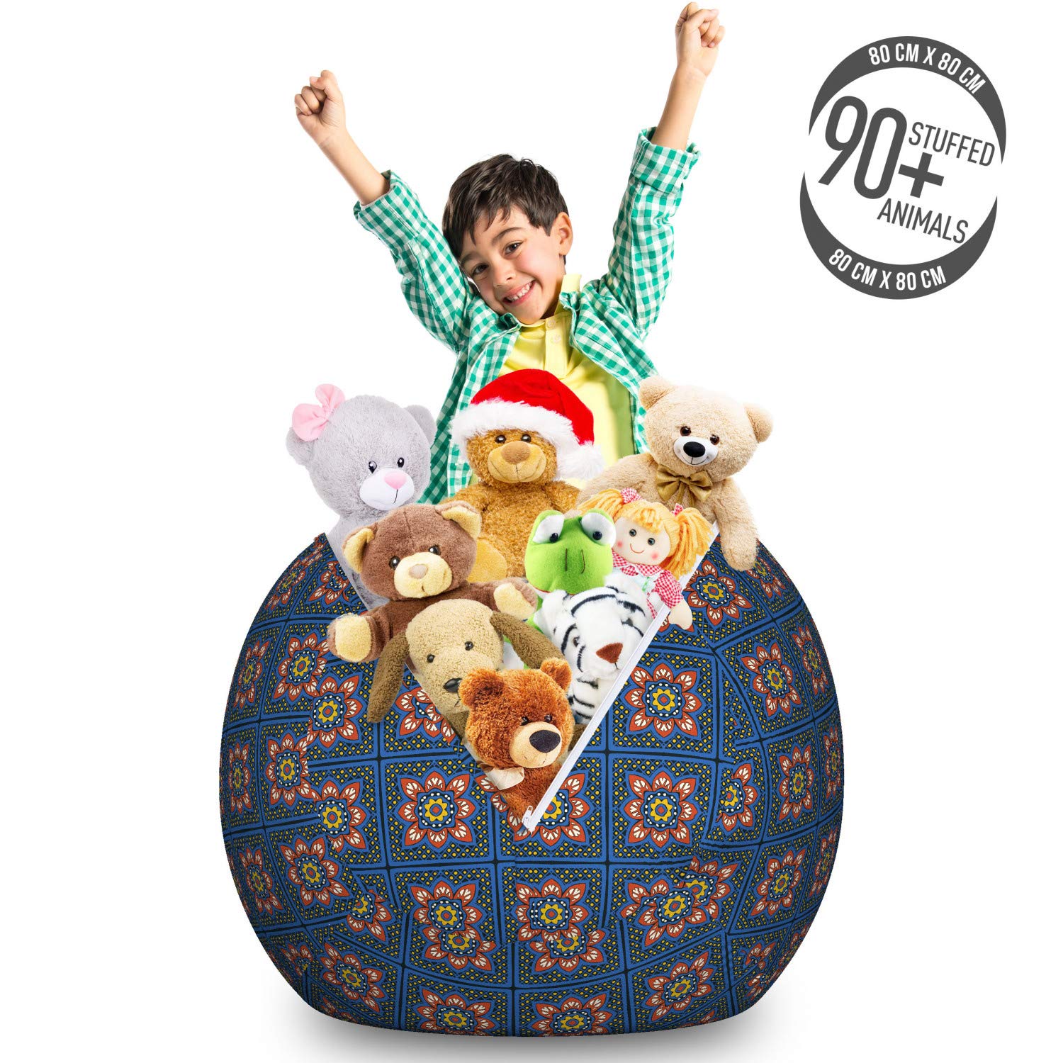 Ambesonne Boho Storage Toy Bag Chair - Large Washable Stuffed Animal Organizer with Talavera Inspired Squares, Dots & Floral Design in Coral & Dark Sky Blue - Perfect for Kids' Room, Nursery, or Playroom Organization