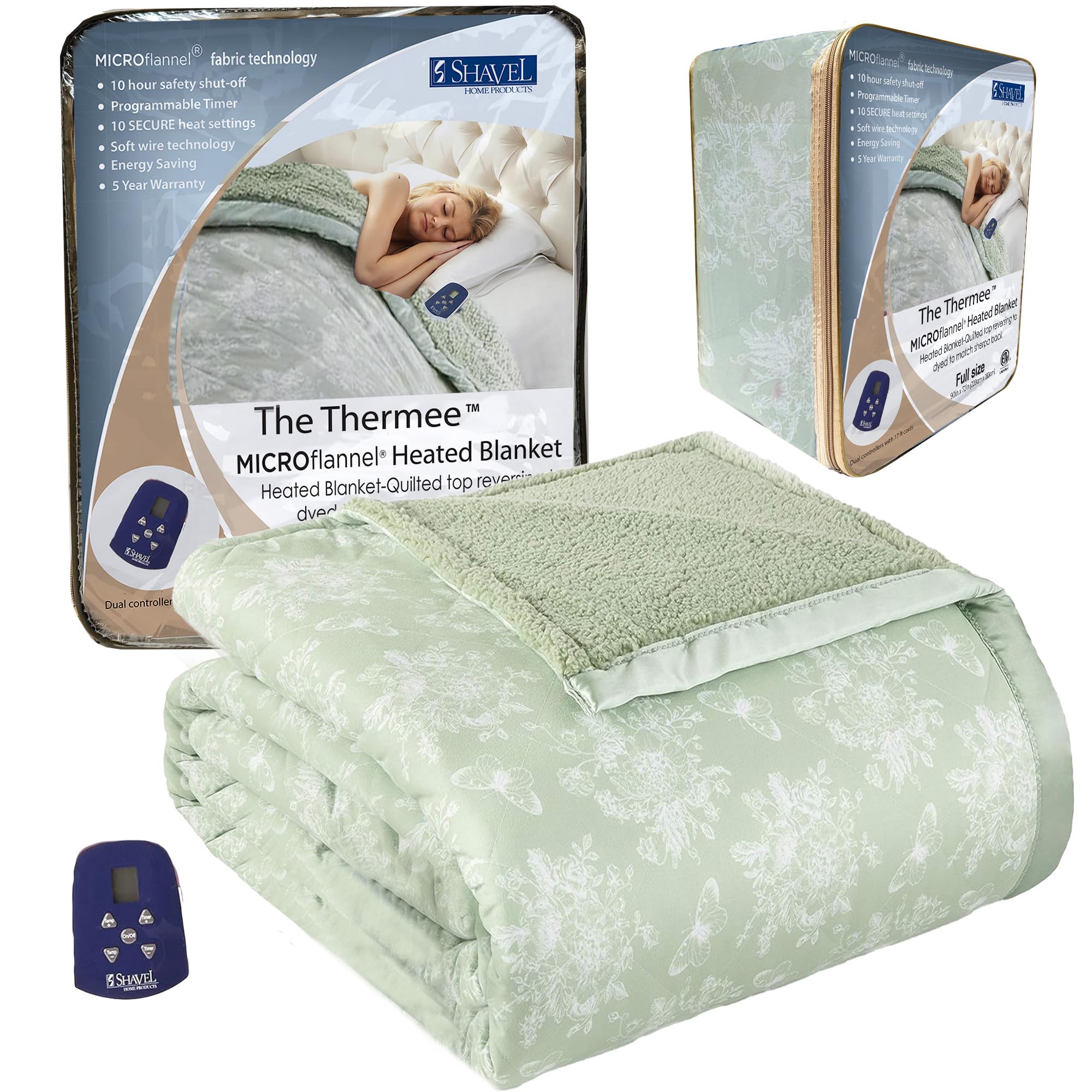 Thermee Micro Flannel Heated Blanket with Sherpa Back - 10 Heat Settings Electric Blanket Full Size, Programmable Warming Blanket, Ultra-Soft Heated Throw for Bed & Couch - Toile Celery Green - Perfect for Winter Nights & Cozy Evenings