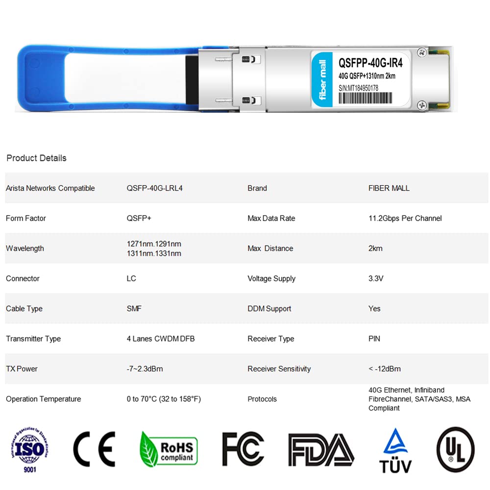 Arista Networks QSFP-40G-LRL4 40G QSFP+ LRL4 Optical Transceiver - 1310nm CWDM4, 2km LC SMF with DDM for High-Speed Data Center & Cloud Networking