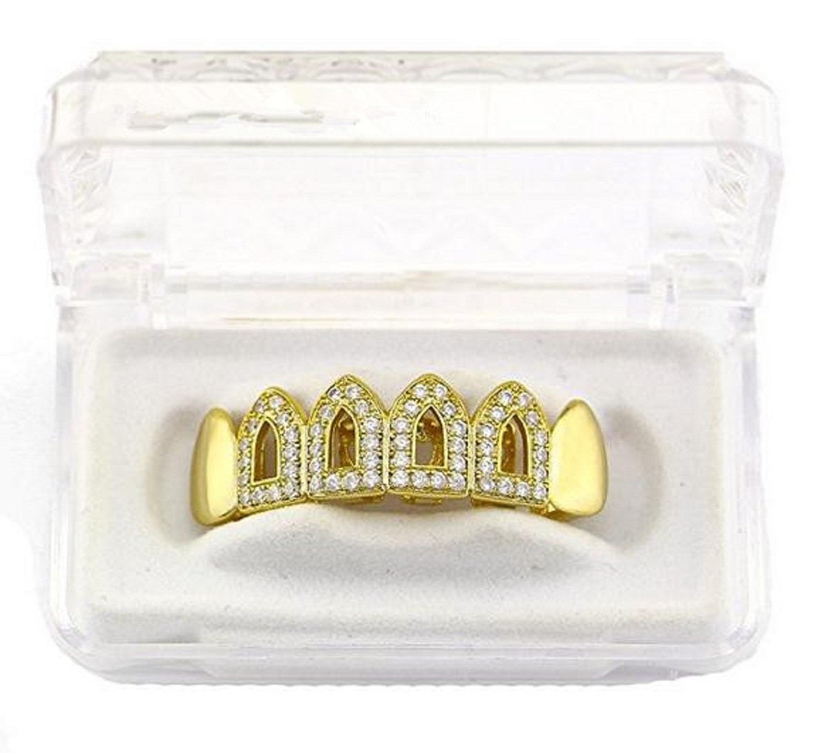 14K Gold & Silver Vampire Fang Grills - Top Teeth Pave CZ Open Outline Grillz for Men & Women | Perfect for Halloween, Cosplay, Hip Hop Fashion & Special Events