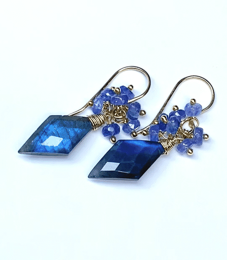 Blue Labradorite Fancy Cut Gemstone Earrings with Tanzanite Clusters - 14K Gold Filled or 925 Sterling Silver - Elegant Boho Jewelry for Women, Perfect for Parties, Weddings & Special Occasions