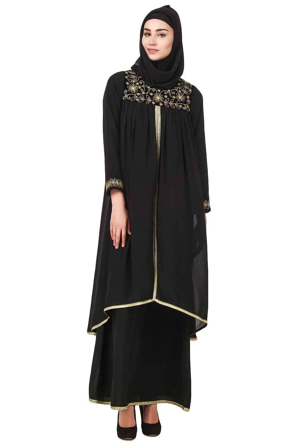 Elegant Black Dual Layer Nida & Georgette Embroidered Abaya Dress AY 707 - Perfect for Islamic Prayer, Special Occasions & Modest Fashion