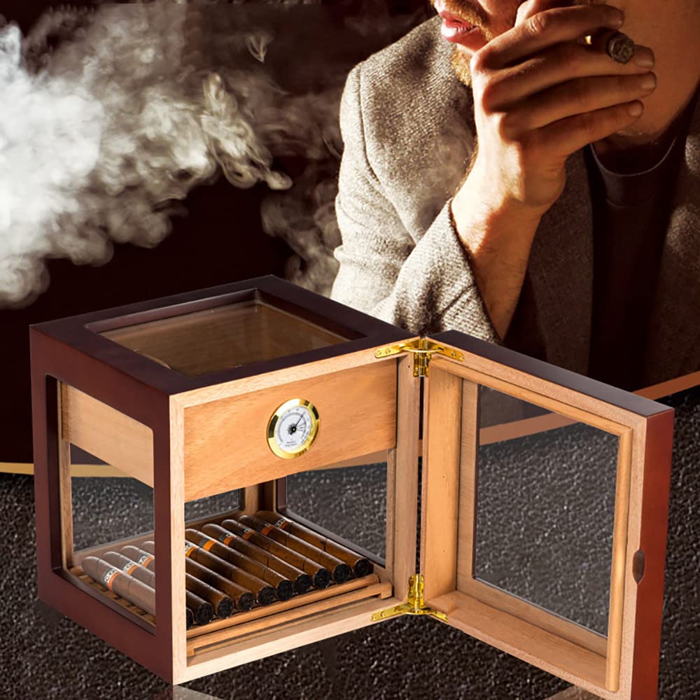Premium Handmade Cedar Wood Cigar Box with Drawer & Glass Display - 5-Sided Cuban Cigar Case with Built-In Hygrometer - Holds 60-80 Cigars - Perfect Gift for Men (Black) - Ideal for Cigar Collectors & Aficionados at Home or Office