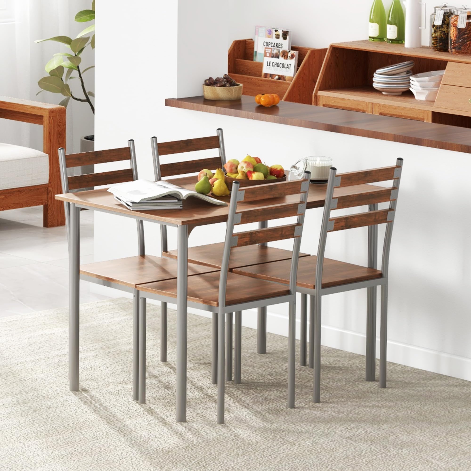Modern 5-Piece Dining Table Set for 4 with Rectangular Table & 4 Chairs - Space-Saving Kitchen Furniture for Small Spaces, Dinettes & Breakfast Nooks - Perfect for Family Meals, Entertaining Guests & Daily Dining (Brown)