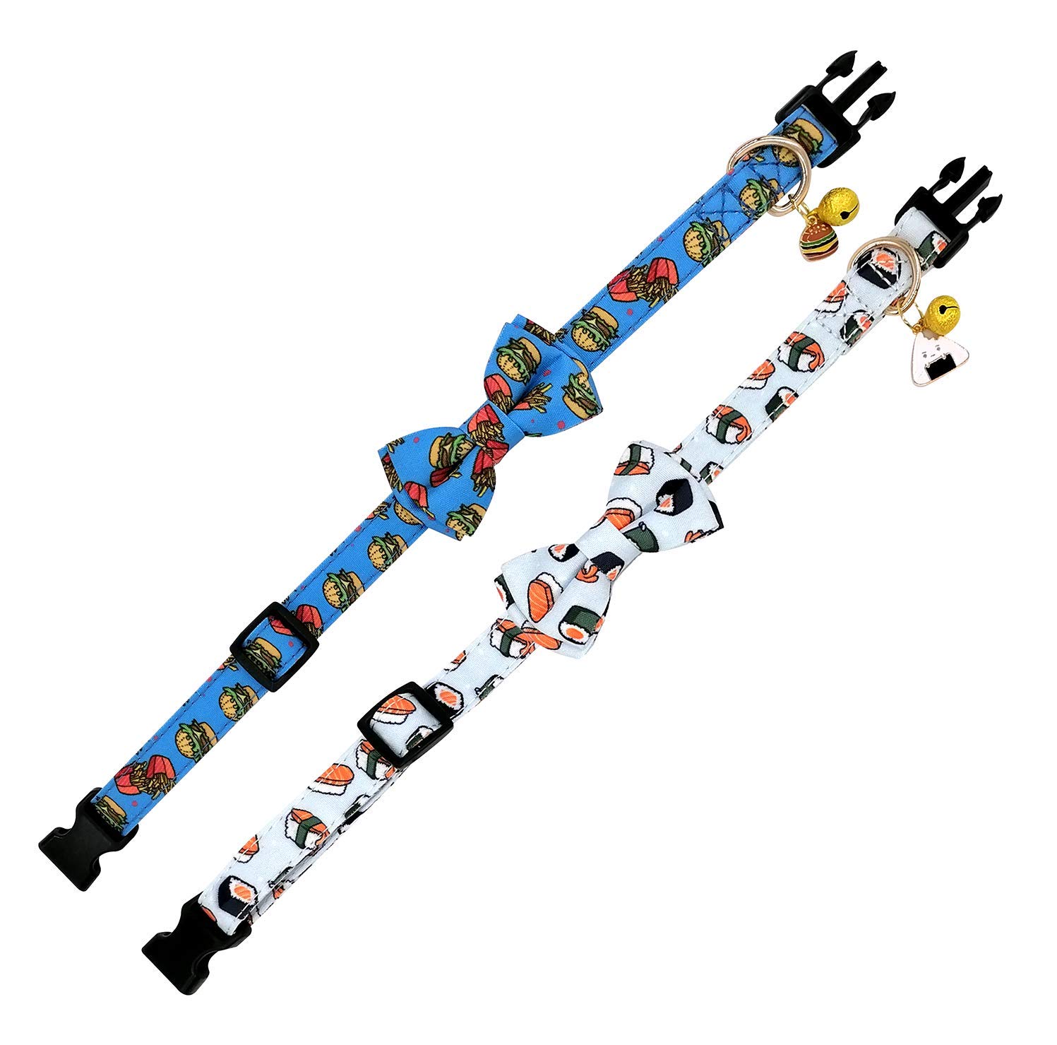KUDES 2 Pack Adjustable Dog Collars with Bow Tie - Cute Pet Collar Set with Bells & Safety Buckle for Small Medium Large Dogs & Cats - Perfect for Birthday Parties, Halloween Costumes & Daily Walks (Hamburger+Sushi, L 14