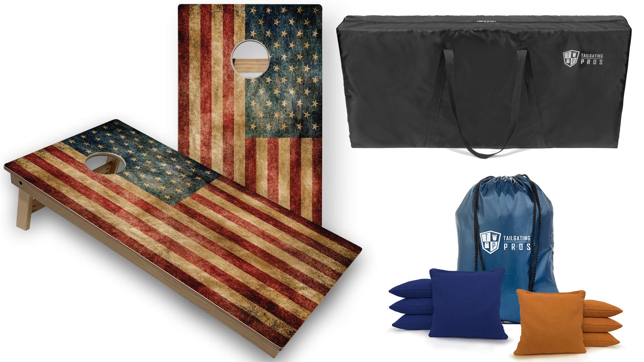 Professional Tournament Grade Cornhole Game Set - 2 Regulation 4'x2' Distressed Flag Baltic Birch Boards, Carrying Case & 8 Bags - Perfect for Tailgating, Backyard Parties, and Outdoor Events (LED Lights Optional)