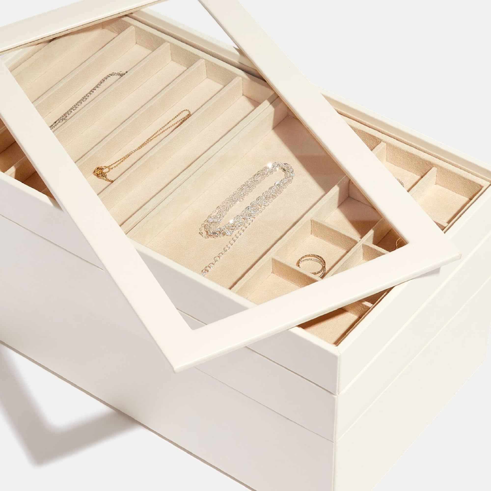 WOLF VAULT Tray with Glass Lid in Ivory - Vegan Leather Organizer Compatible with VAULT Tray Inserts - Perfect for Jewelry Storage, Vanity Organization & Home Decor